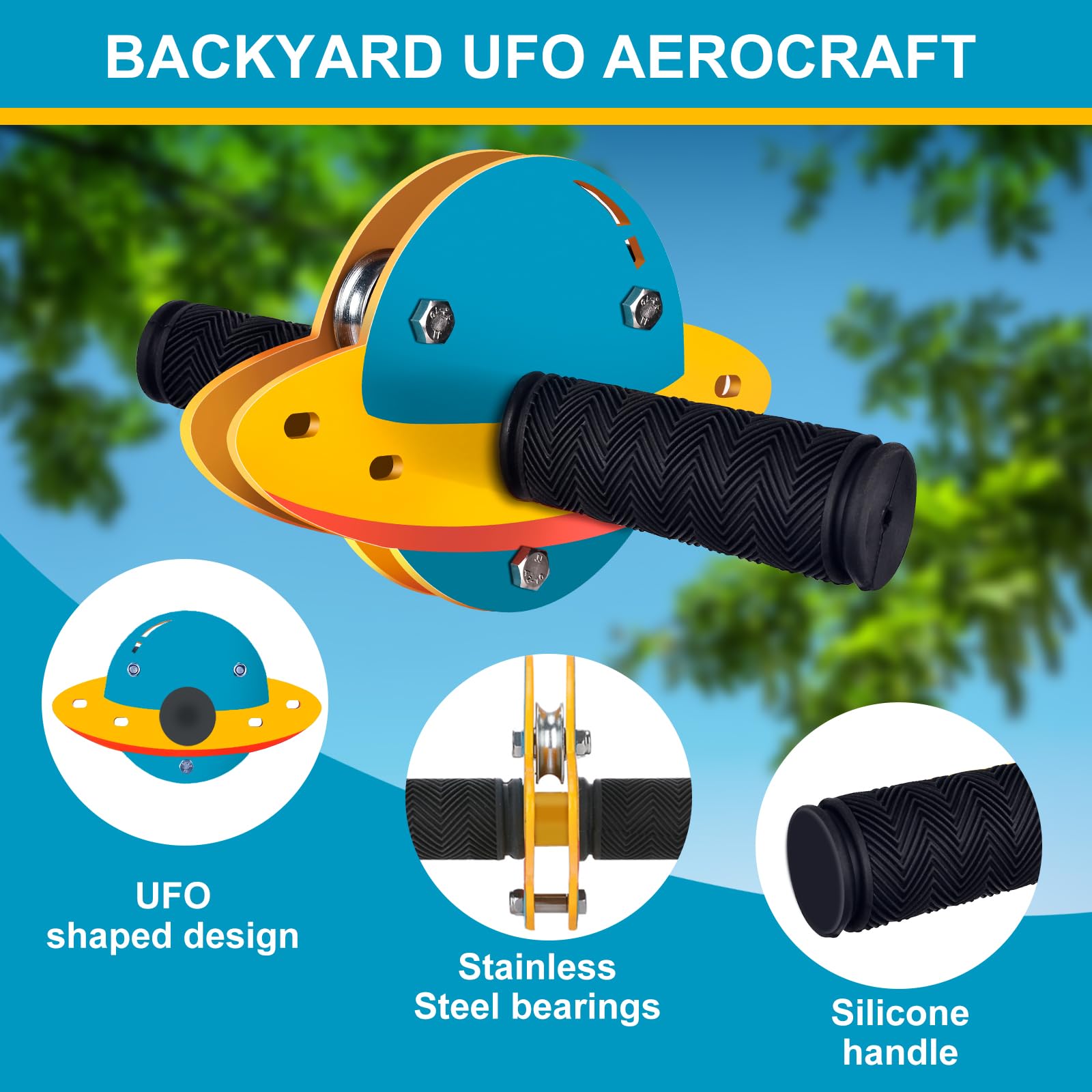 Kit de tyrolienne ZEROMX pour enfants et adultes en extérieur, chariot UFO de 23/30/37/46 m pour jardin, jusqu'à 159 kg, siège de balançoire inclus, frein en acier inoxydable et câble de sécurité pour
