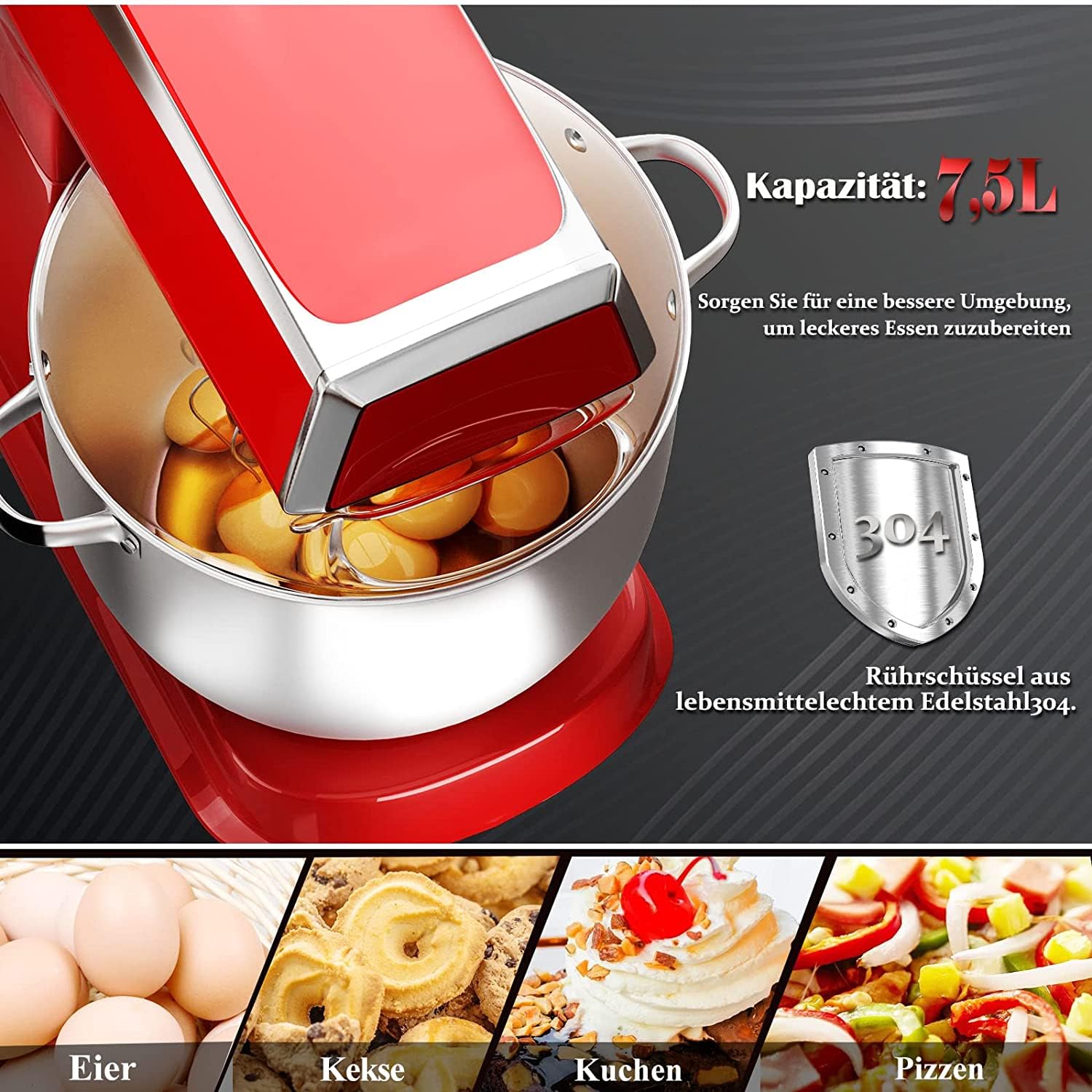 ROYALTY LINE, Procesador de Alimentos Multifunción 2100W Rojo RLPKM2100-RED, Tazón de Acero Inoxidable 7.5L, Accesorios Incluidos: Batidor, Batidor, Gancho, Protección contra Salpicaduras