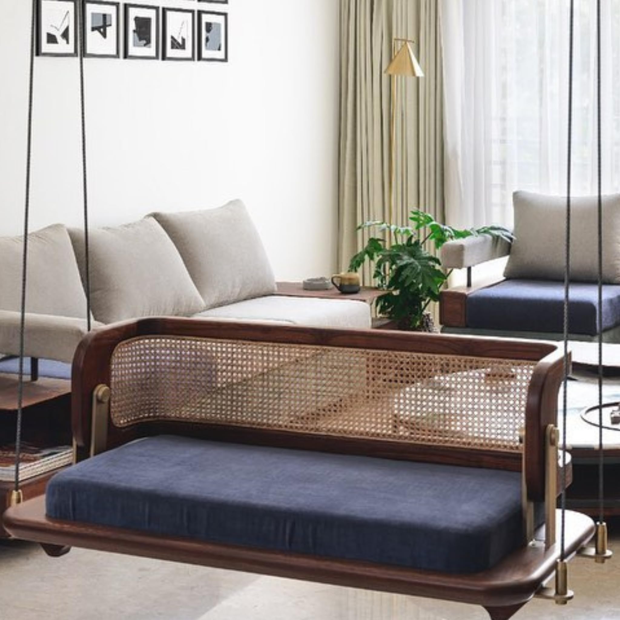 Modern Luxury Wooden Reversible Swing (Jhula) for Home | Solid Sheesham Wood | Cane Weave Backrest | Adjustable Hanging Chain | Cushioned Comfort | Indoor & Covered Outdoor Use (40 Inch)-image-9