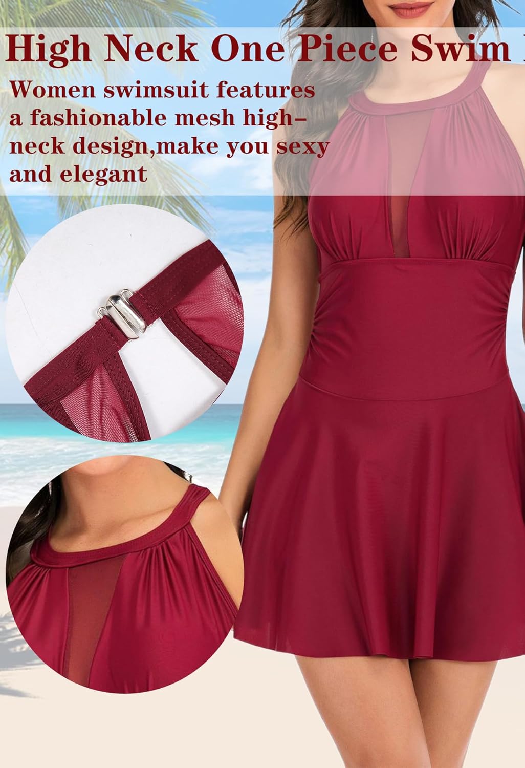 Women One Piece Swim Dress Tummy Control Swimdress Swimsuit Bathing Suit High Neck Mesh Swimwear - Image 4