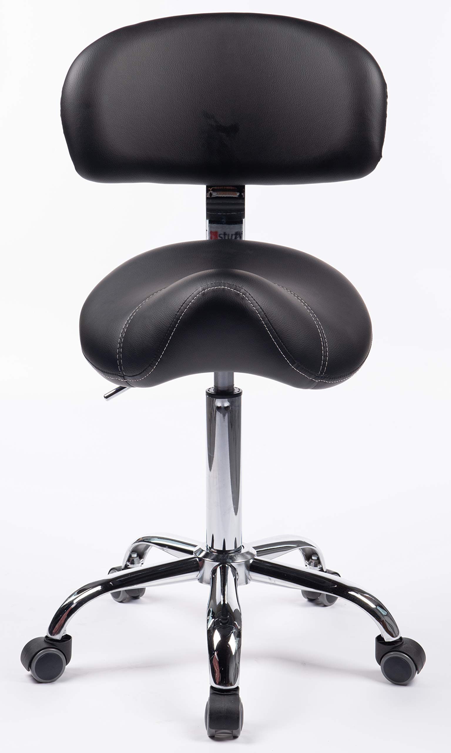 Sattelhocker MULY BIGBACK Sattelstuhl mit Lehne - Sitzhöhe bis ca. 74cm - ergonomischer Rollhocker Arzthocker Arbeitshocker Praxishocker Drehhocker (Lederimitat schwarz)