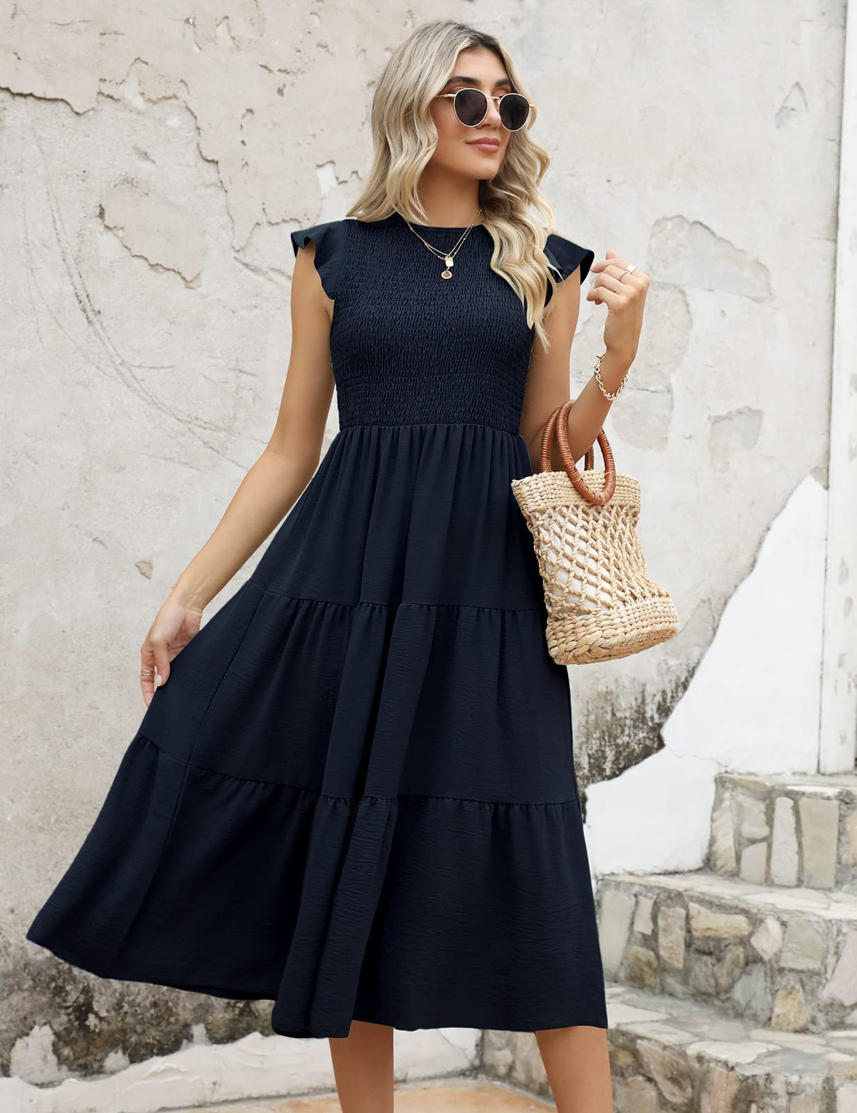 CMTOP Vestido Mujer Verano Largo Vestido Playa Manga Volante Cuello Redondo Sólido Elegante Vestidos Largos Cintura Elástica Casual Vestido en Capas Línea A