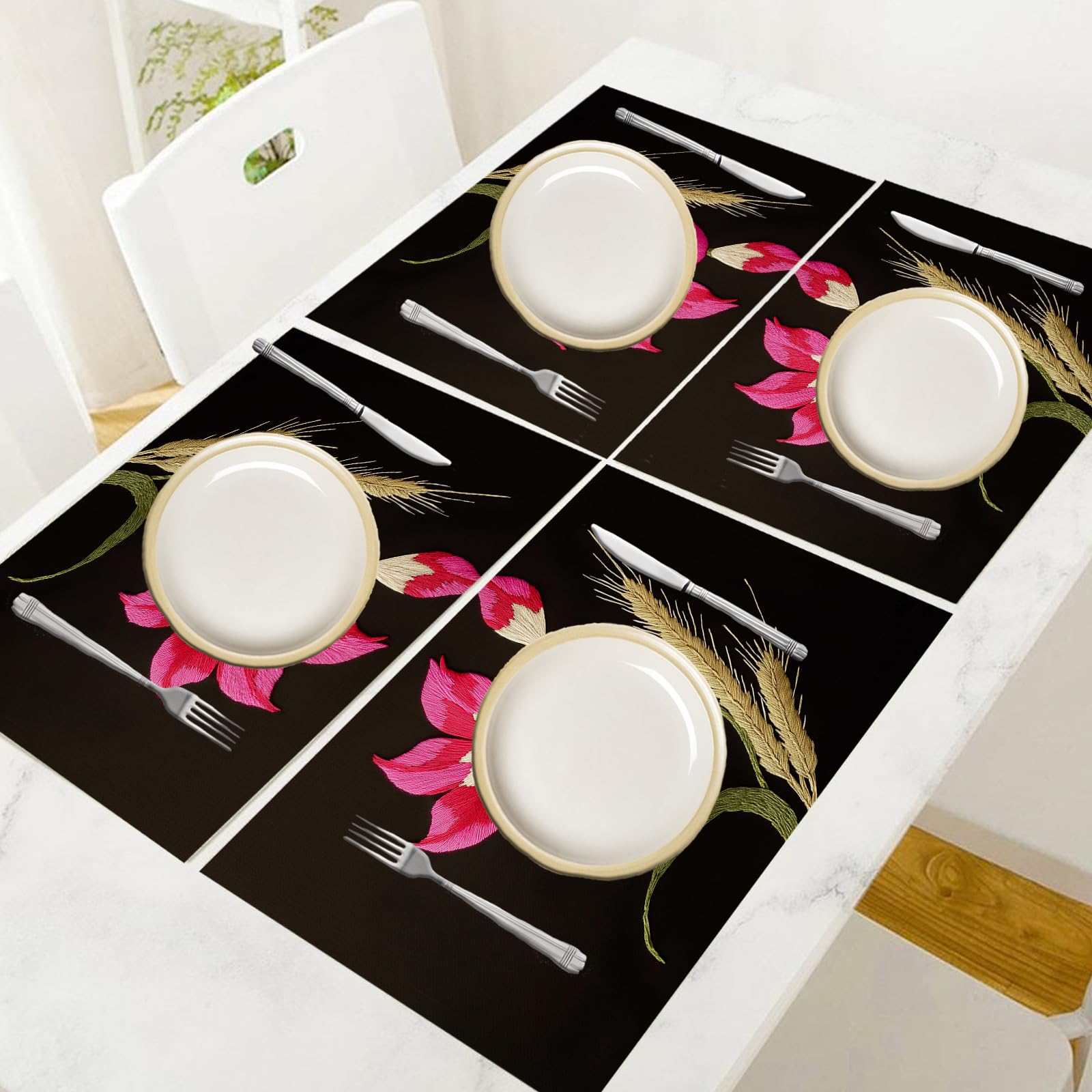 Set di 8 Tovagliette Americane Lavabili Cotone Lino Creatività - Tovaglietta Americana Resistenti al Calore Durevole Fiori ricamati - per Colazione Pranzo 30×45 cm