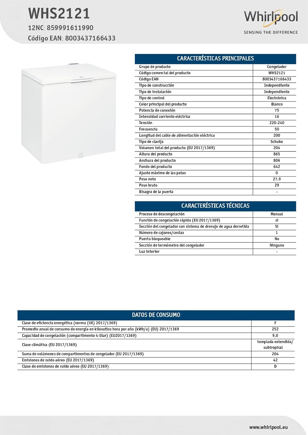 Technical specifications sheet for Whirlpool WHS 2121 Chest Freezer