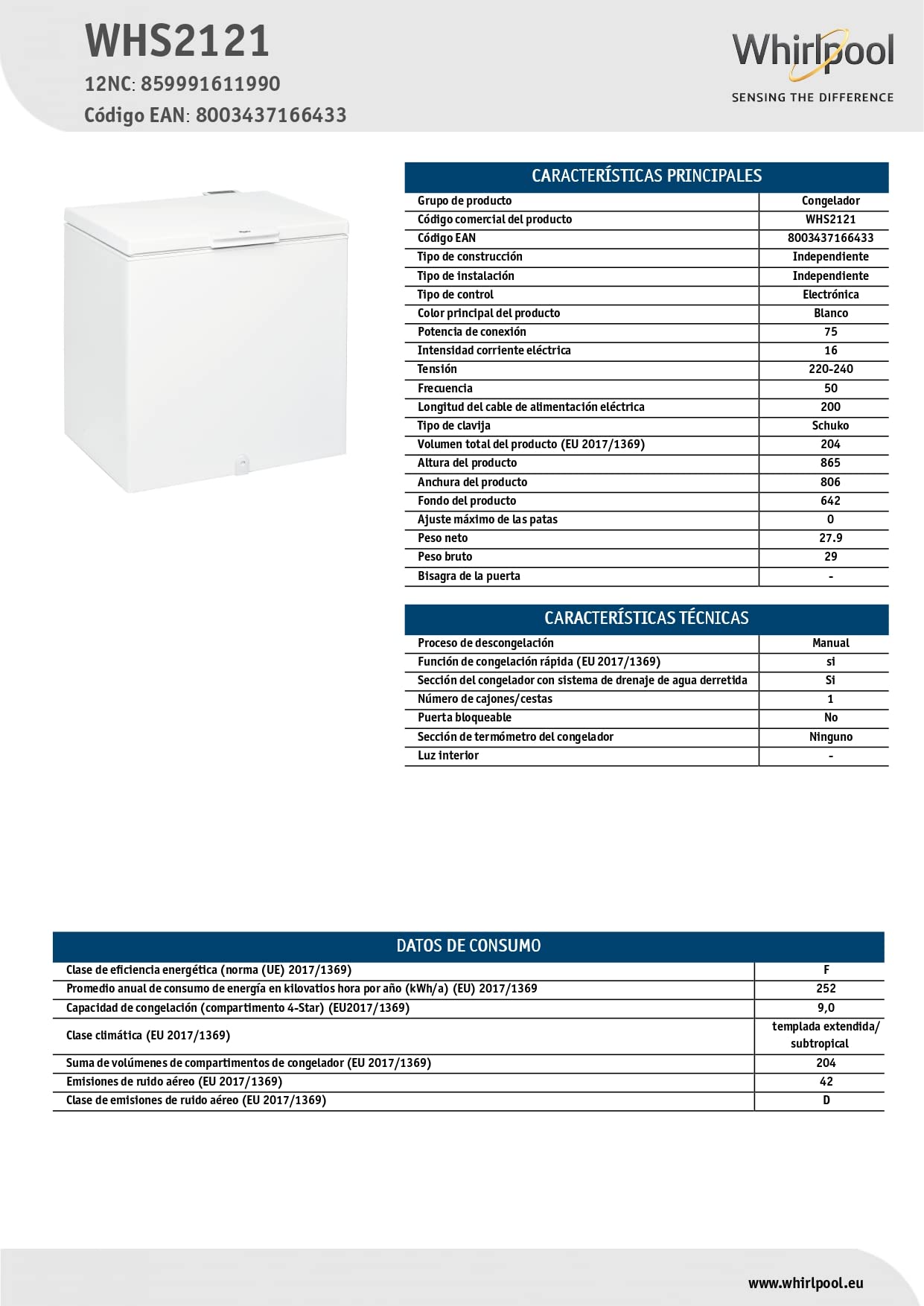 Whirlpool WHS2121(2) Congelatore a Pozzetto, Tecnologia FastFreezing, 202 L, F, Bianco