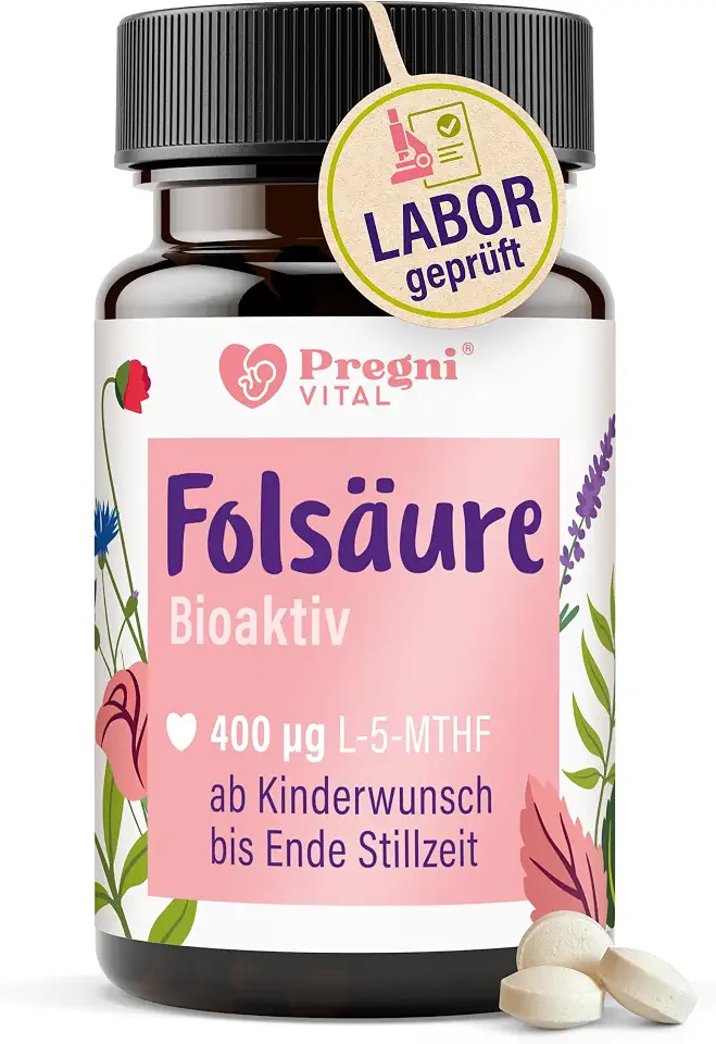 PregniVital Folsäure 400µg - L-5-MTHF Folsäure Kinderwunsch und Schwangerschaft* - hochdosiert, optimal bioverfügbar - 120 Tabletten