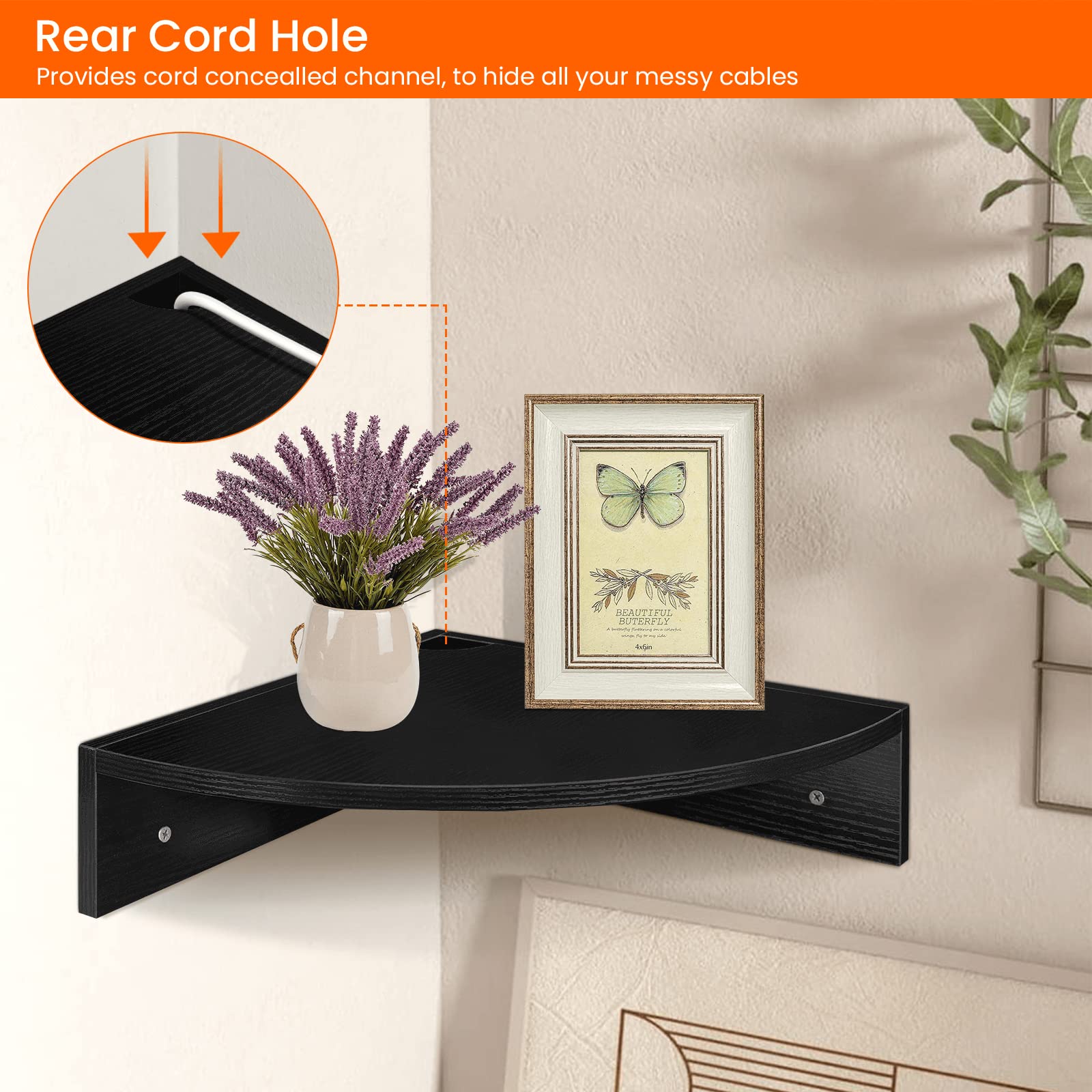 Homode Corner Floating Shelves, Set of 3 Corner Shelves Wall Mounted with Cable Hole, 3 Tier Wooden Hanging Corner Storage Shelf for Bedroom, Living Room, Kitchen, Black