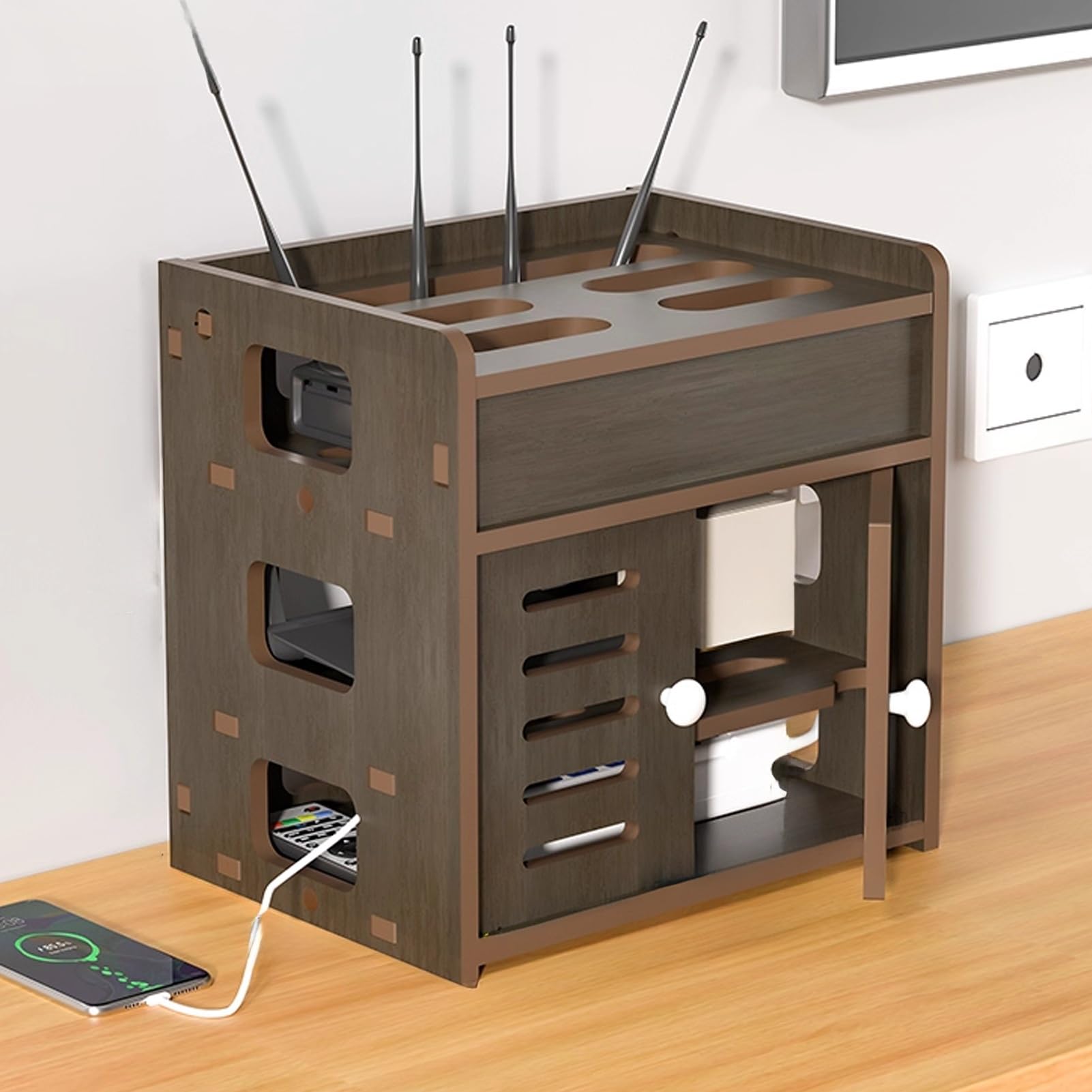 Boîte de rangement pour routeur et décodeur TV marron 30cm : cache-câbles discret et élégant