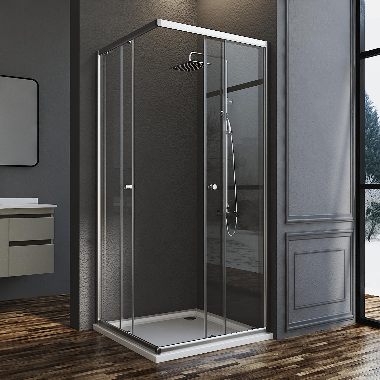 Goezes Duschkabine Eckeinstieg mit Schiebetür 80x80x185cm, Eckeinstieg Duschabtrennung Duschschiebetür Glas Duschkabine Dusche Duschwand 6mm ESG Sicherheitsglas, LINKS & RECHTS MONTIERBAR