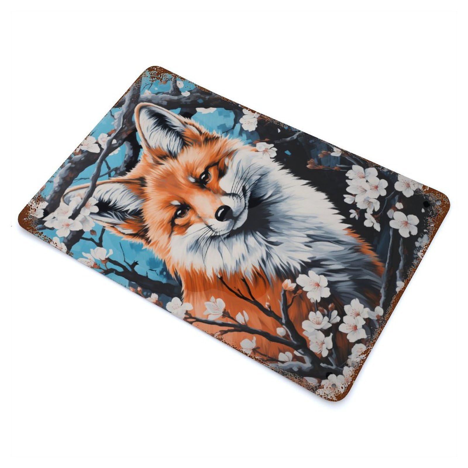 Fox in Blossom Japan Decorative Tin Sign 11.8"x7.9", Old School Wall Decor for Garage, Pub Or Kitchen
