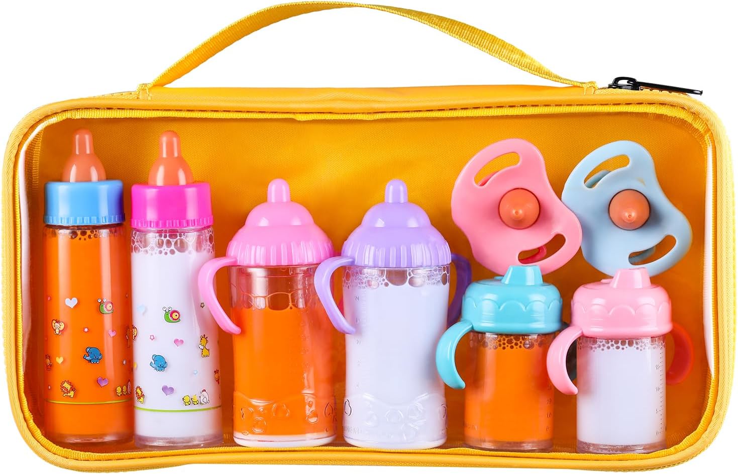 8 Pieces Magic Disappearing Milk and Juice Bottle with Pacifier, Pretend Play Feeding Toy Set with Yellow Package,Baby Doll Accessories