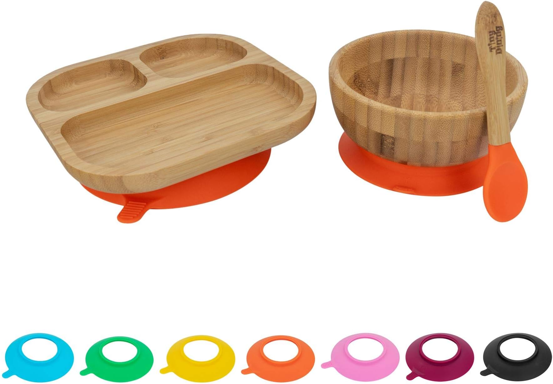 Tiny Dining Baby Dinner Set - Segmented - Orange - 3pc - Divided Non-Slip Bamboo Self-Feeding Weaning Plate, Bowl & Spoon for Babies, Toddlers, Children