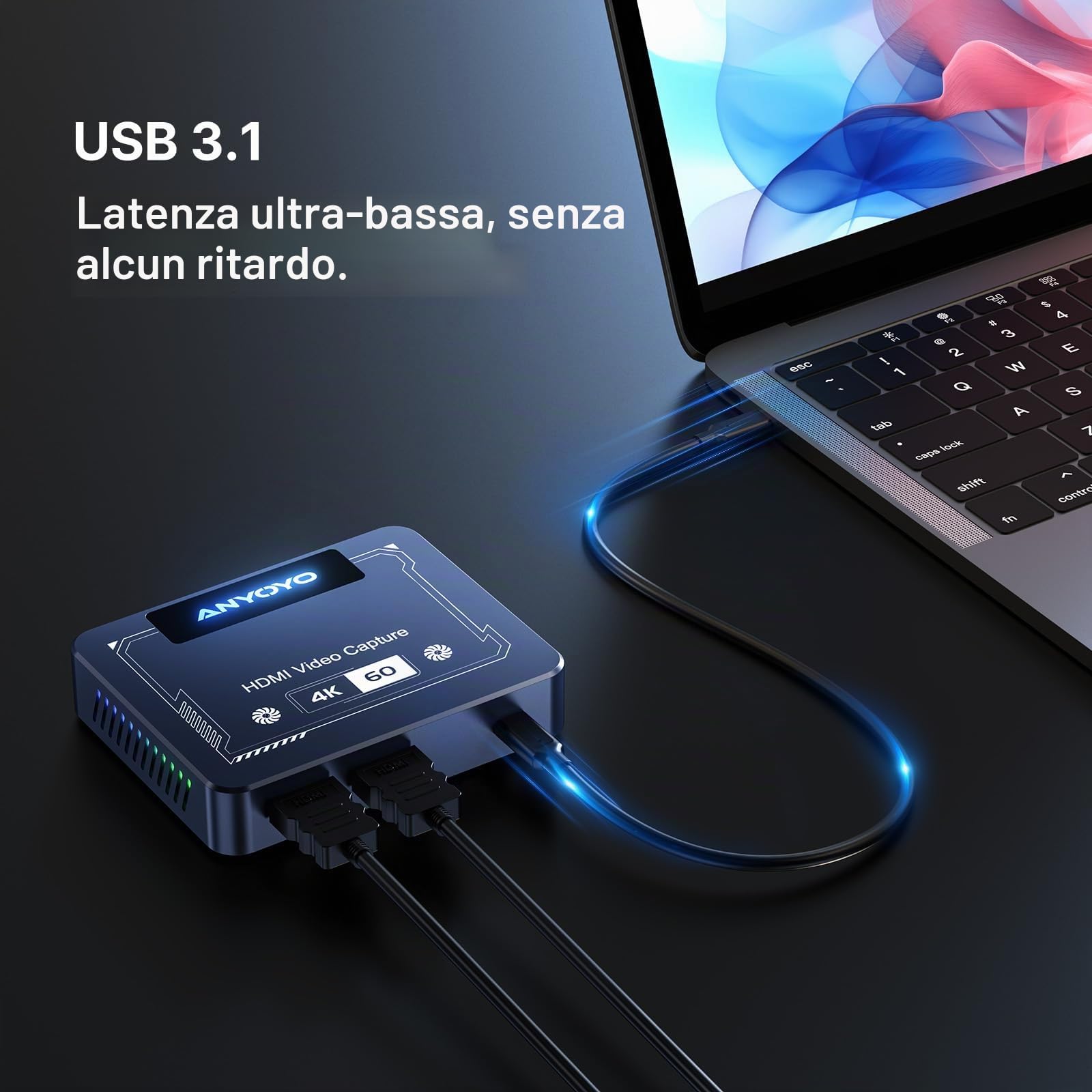 Scheda di acquisizione, Anyoyo 4K60 Video Grabber, HDR e VR Capture e Passshrough vicino a zero latenza HDMI per streaming e giochi, compatibile per NS, PS5/4, Xbox, Camera, Windows/Mac