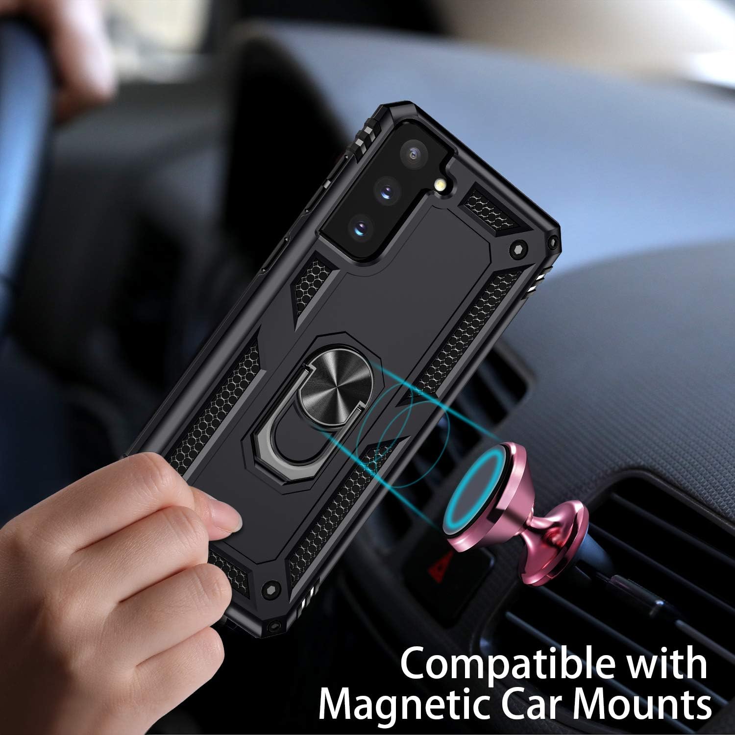 Charlam for Samsung Galaxy S21 Case Heavy Droptection Shock Absorption Cover Case with Rotatable Metal Ring Holder Sleek Durable Dual Layer Hard Cover for Samsung S21 6.2 Inch 5G 2021, Black