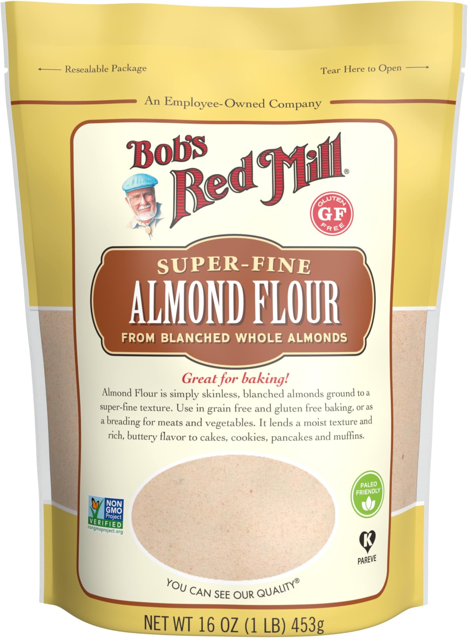 GF Bob's Red Mill Fine Ground Blanched Almond Flour, 453g - Non-GMO, Vegan, Paleo Friendly, Keto Friendly, Kosher 16 Oz