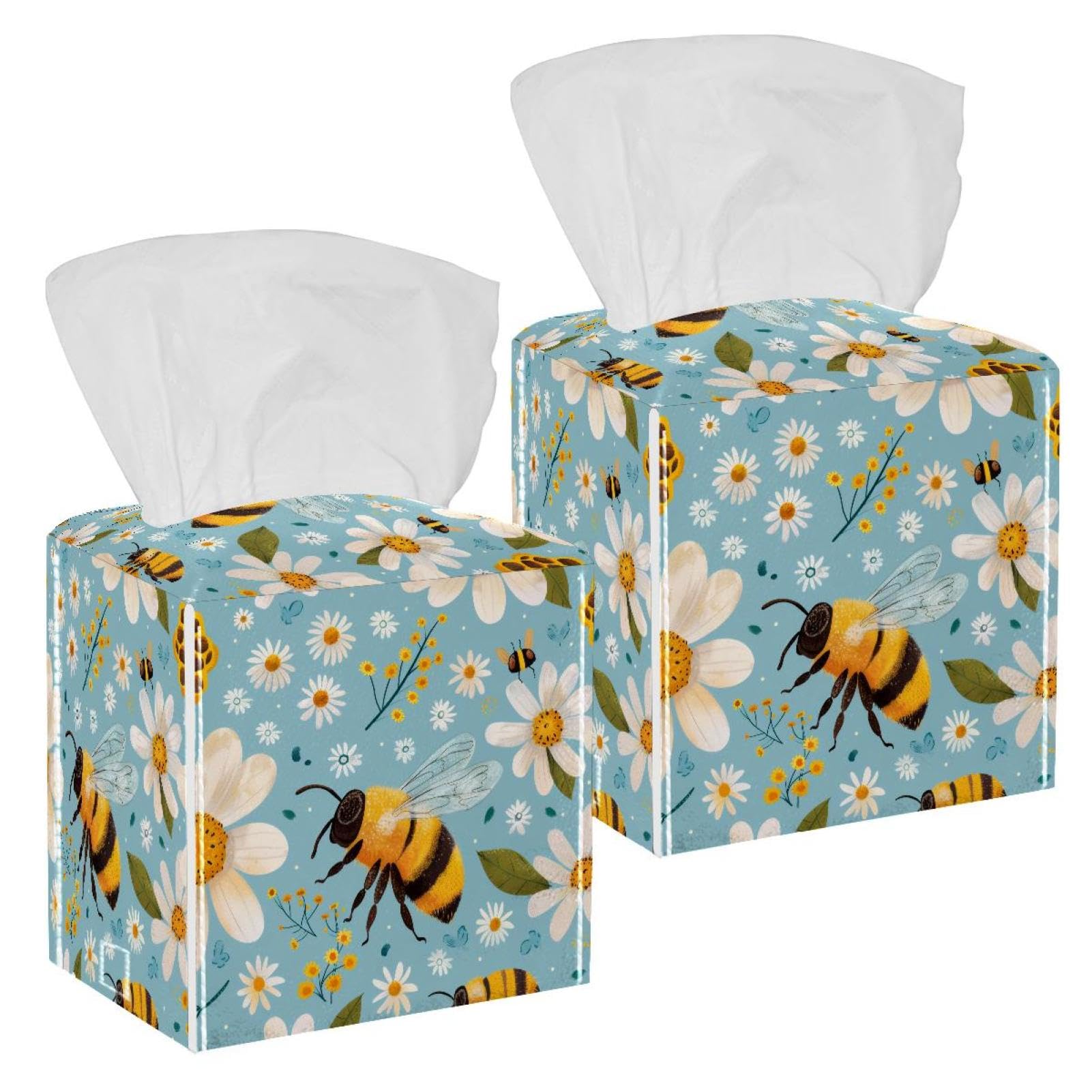Bees Daisy Tissue Box Cover, 2 Pack PU Leather Square Facial Tissue Dispenser Box holder for Home Office Car