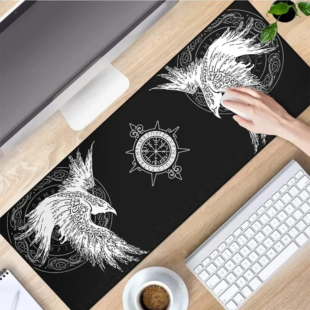 Viking Raven Rune Vegvisir Mouse Mat, 3D Print Tattoo Big Extended Desk Game Keyboard Pad with Non-Slip Base and Stitched Edge for Office & Home,Black,23.6" x 11.8"