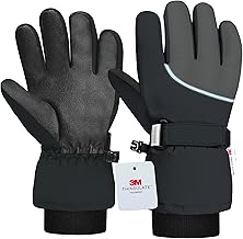 Origem Children's Winter Snow Gloves, 3M Thinsulate Waterproof Thermal Ski Gloves with Touchscreen 5 Fingers Reflective Non-Slip for Children 4-14 Years Snowboard Skiing Football Bike
