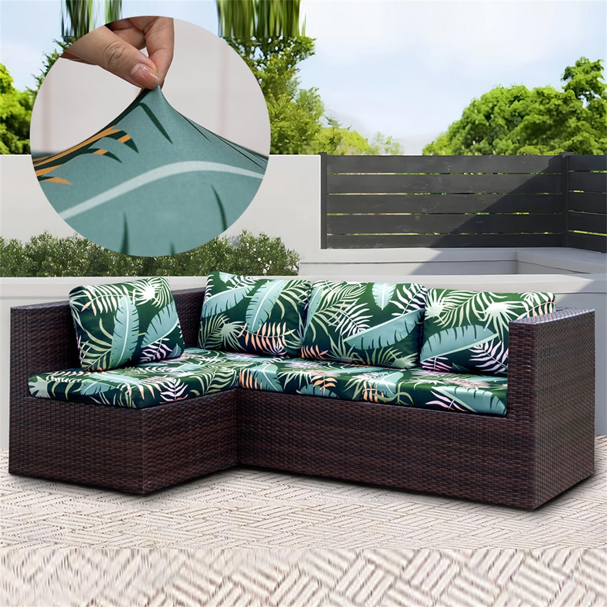 Hiseng Funda de Cojín Sofá Exterior Suave Elástica 3D Estampado de Hojas de Palma Repuesto Funda de Cojin de Asiento Patio Jardín Separados Lavable con Banda Elástica (Verde,12 Piezas)
