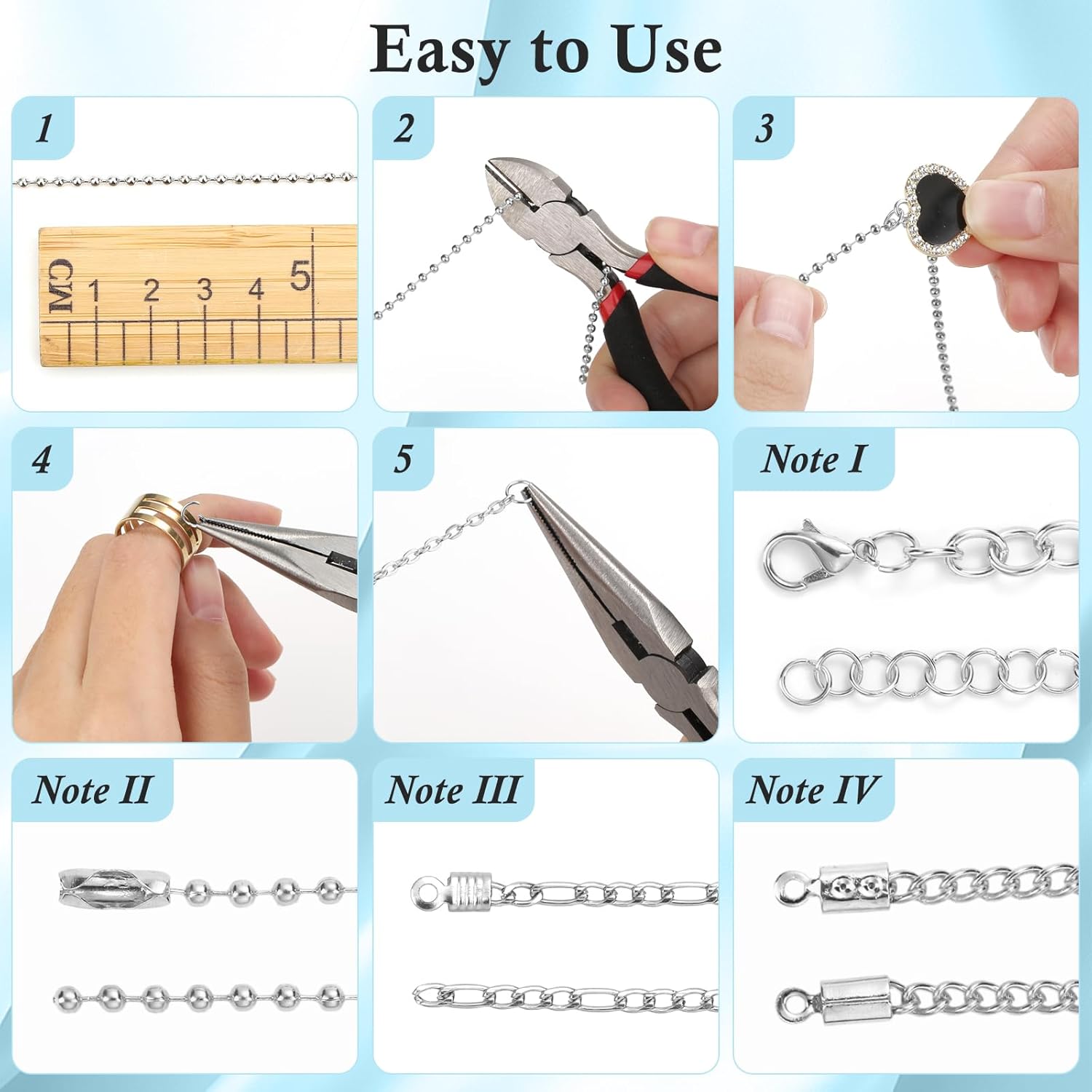 ROADPLUM 14Roll Silver Jewelry Making Kit - 102Ft Necklace Chains (Copper & Stainless Steel) with 2 Jewelry Pliers, 260+ Lobster Clasps, Jump Rings & Connectors