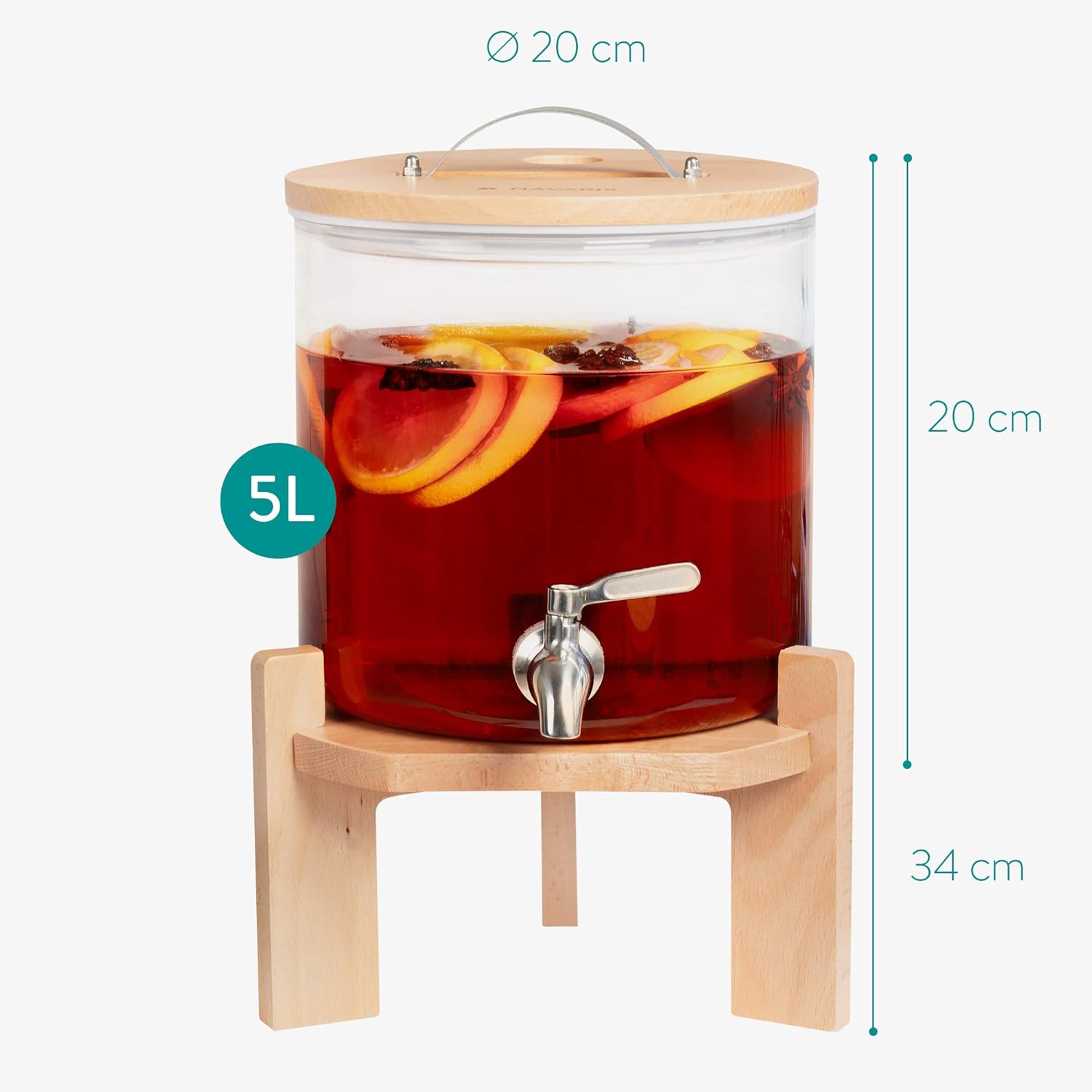 Navaris Beverage Dispenser with Stand - 1.3 Gallon (5L) Glass Drink Dispenser with Stainless Steel Spigot - Drinks Water Parties - Natural Beech Wood - Image 6