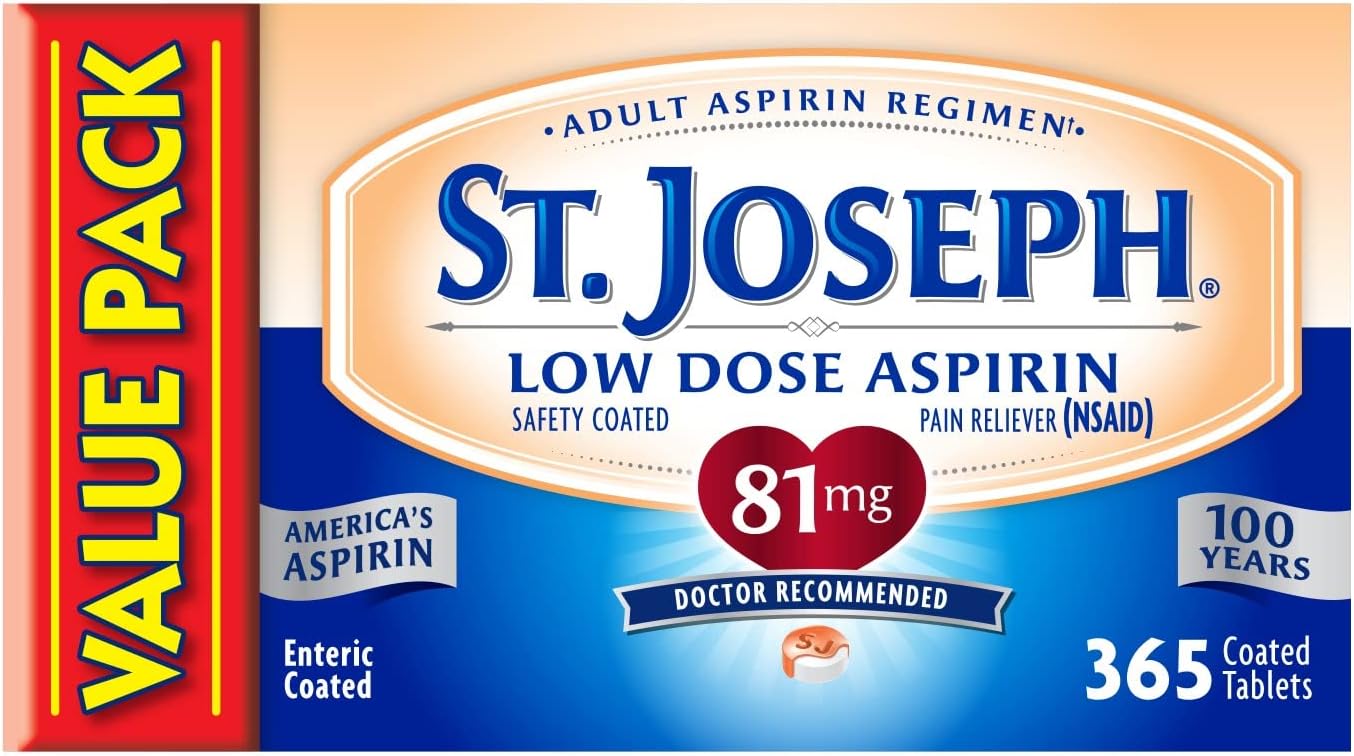 Aspirin Pain Reliever (NSAID) 81mg, Enteric Safety Coated, Adult Low Dose Aspirin, 365 ct (1 Year Supply, Packaging May Vary)