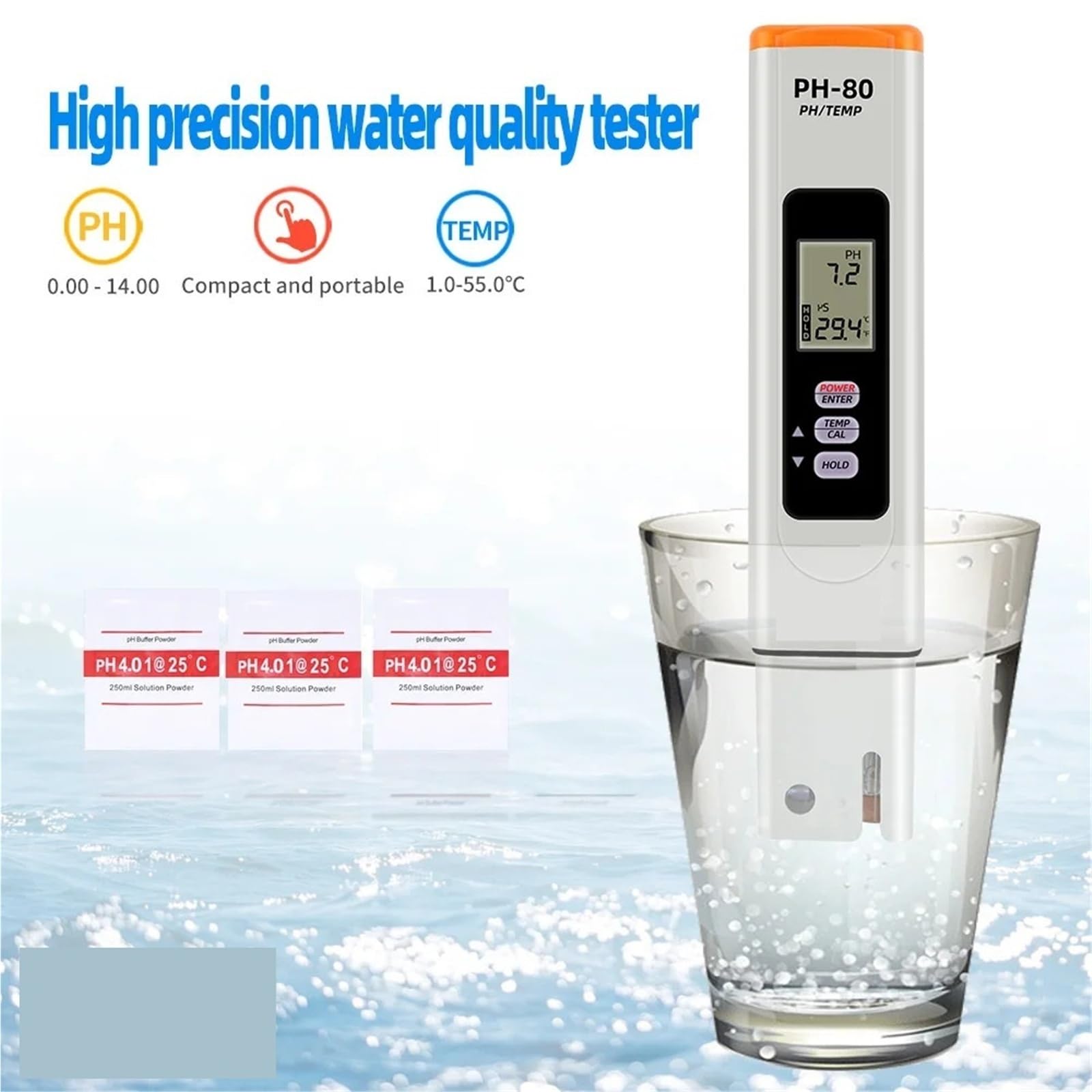 Testeur d'eau, Testeur de température et de pH numérique PH-80, avec Fonction d'étalonnage Automatique, testeur de qualité de l'eau et de pH, étanche