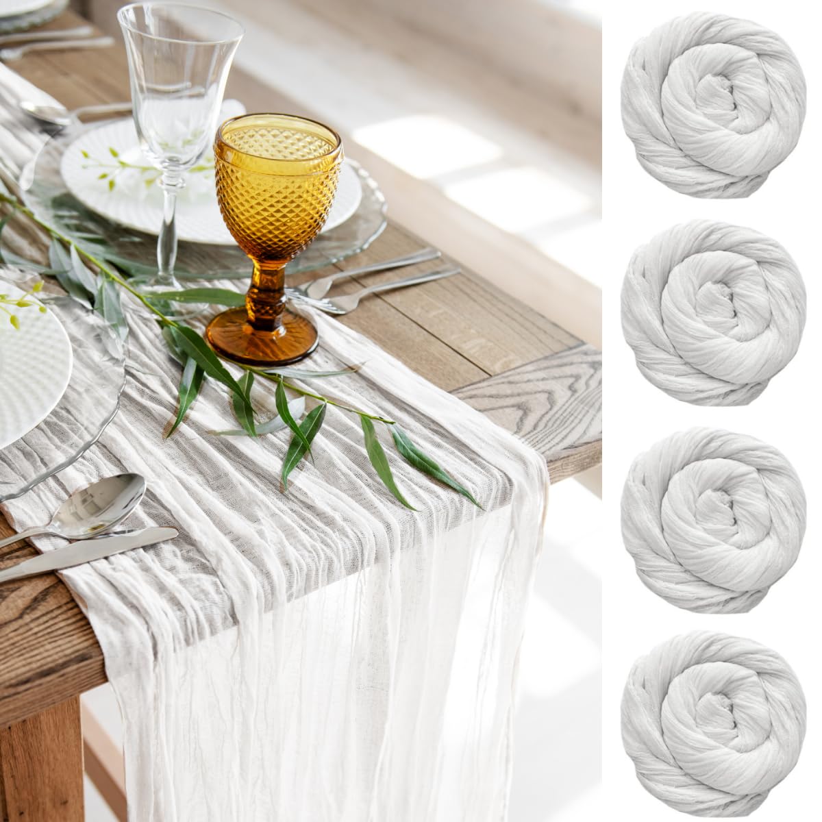 White Cheesecloth Table Runner Set of 4, Cotton Gauze Runner Rustic Table Decorations, Cheese cloth Fabric Bulk for white party decor, bohemian table runner Extra Long Boho Cheese Cloth 13 ft (142 in)