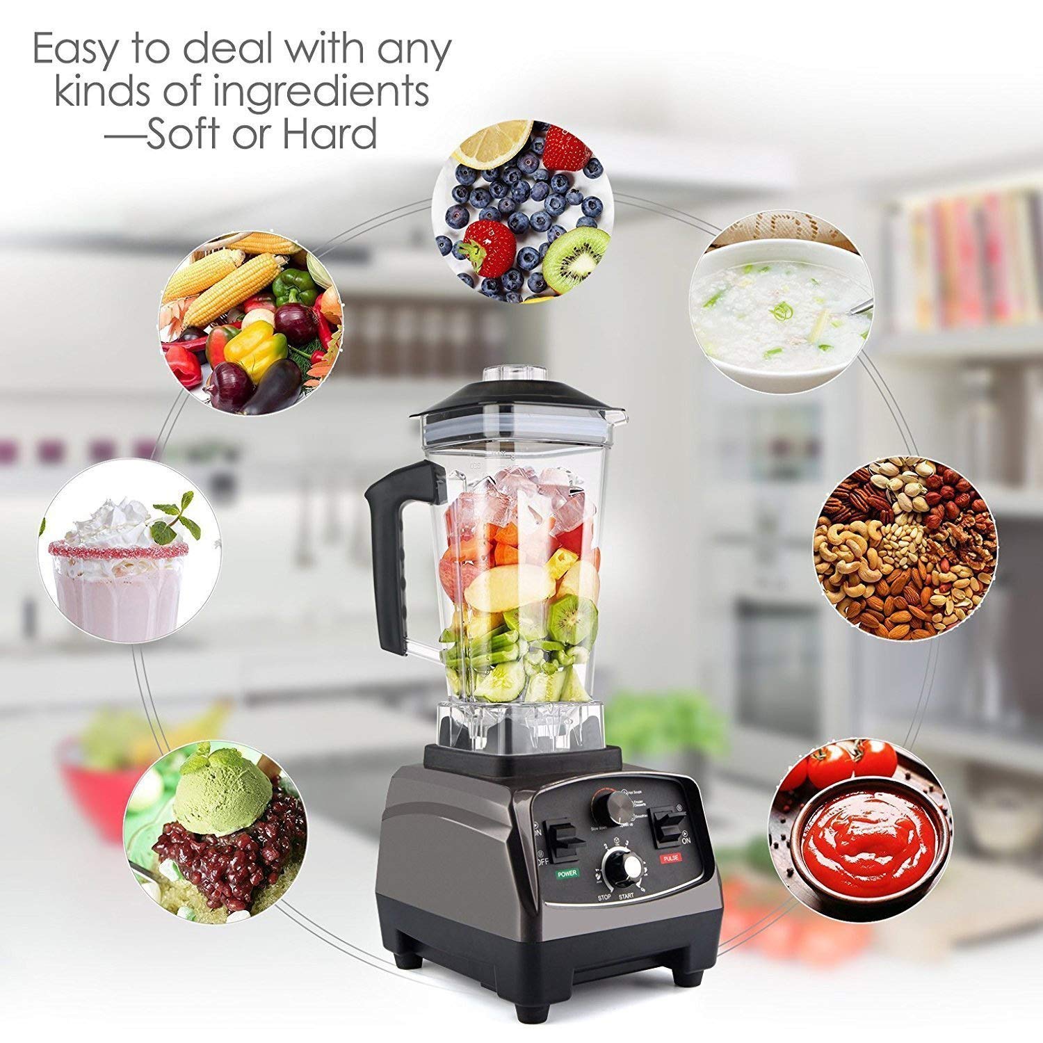 PAHION 1400W Mixeur Smoothie Vitesse 5 Niveaux Blender À Smoothies Moulin Et Brise-Glace avec Conteneur Tritan sans BPA De 2 L pour Broyer De La Glace, Faire des Smoothies, des Shakes Protéinés