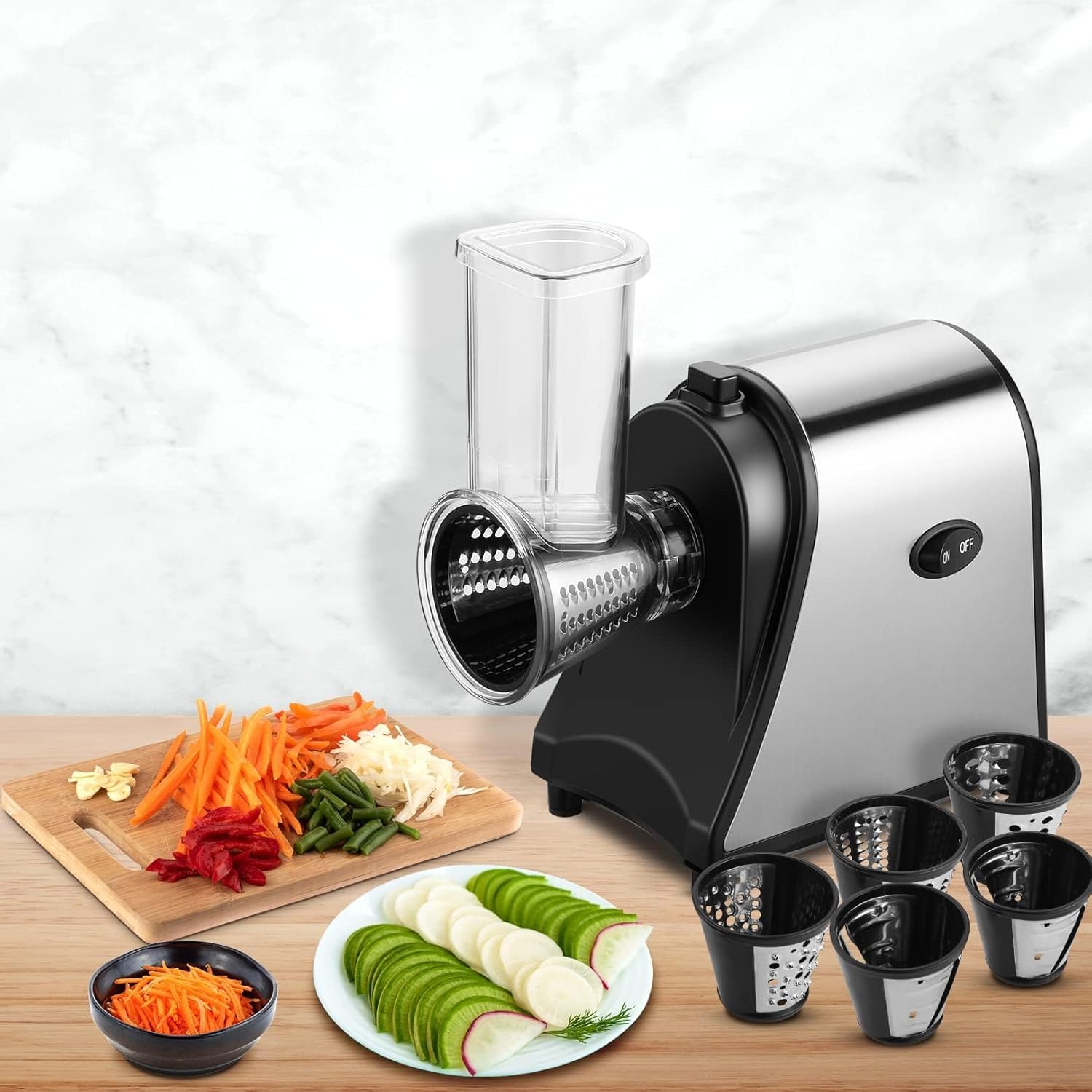 COOCHEER Cortador de Verduras Eléctrico 250W Rallador de Queso Acero Inoxidable 5 Cuchillas Intercambiables YF002