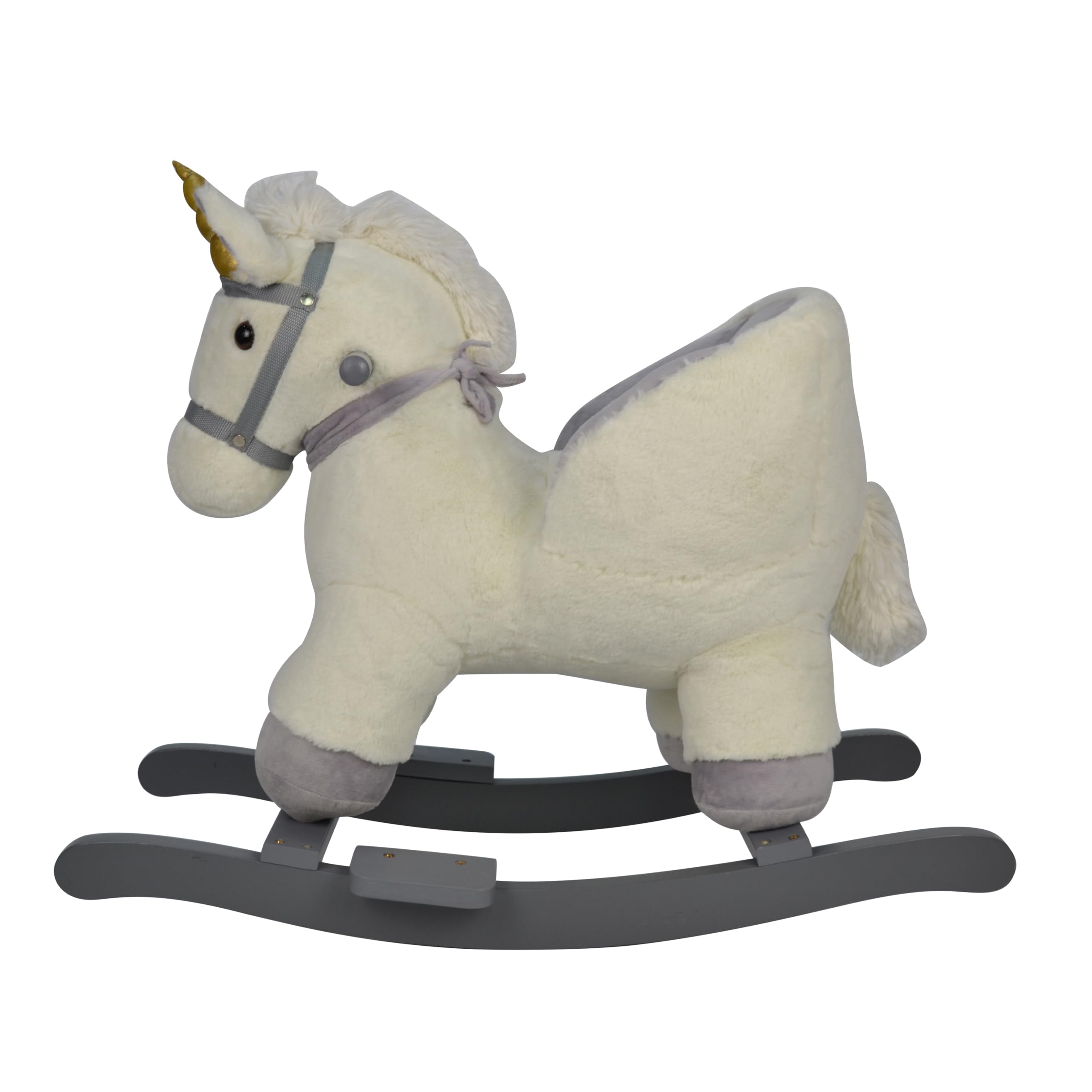Cavallo a Dondolo Unicorno per Bambini da 18 a 36 Mesi Cavalcabile in Legno e Peluche con Suoni e Cintura di Sicurezza