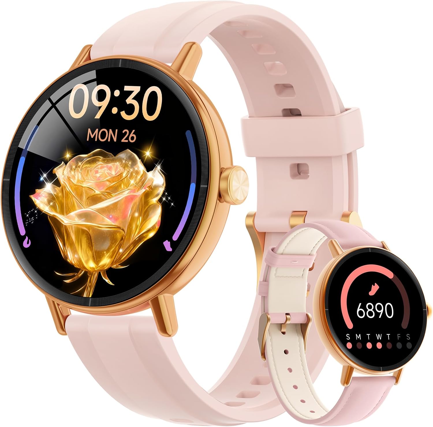 Smart Watches for Women,1.27″ HD Fitness Tracker Answer/Make Call, Heart Rate/Sleep/SpO2，Round Smart Watch for iPhone/Samsung/Android,IP68 Waterproof，110+ Sport Mode-Pink(2 Bands)