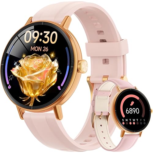 Smart Watches for Women,1.27" HD Fitness Tracker Answer/Make Call, Heart Rate/Sleep/SpO2，Round Smart Watch for iPhone/Samsung/Android,IP68 Waterproof，110+ Sport Mode-Pink(2 Bands)