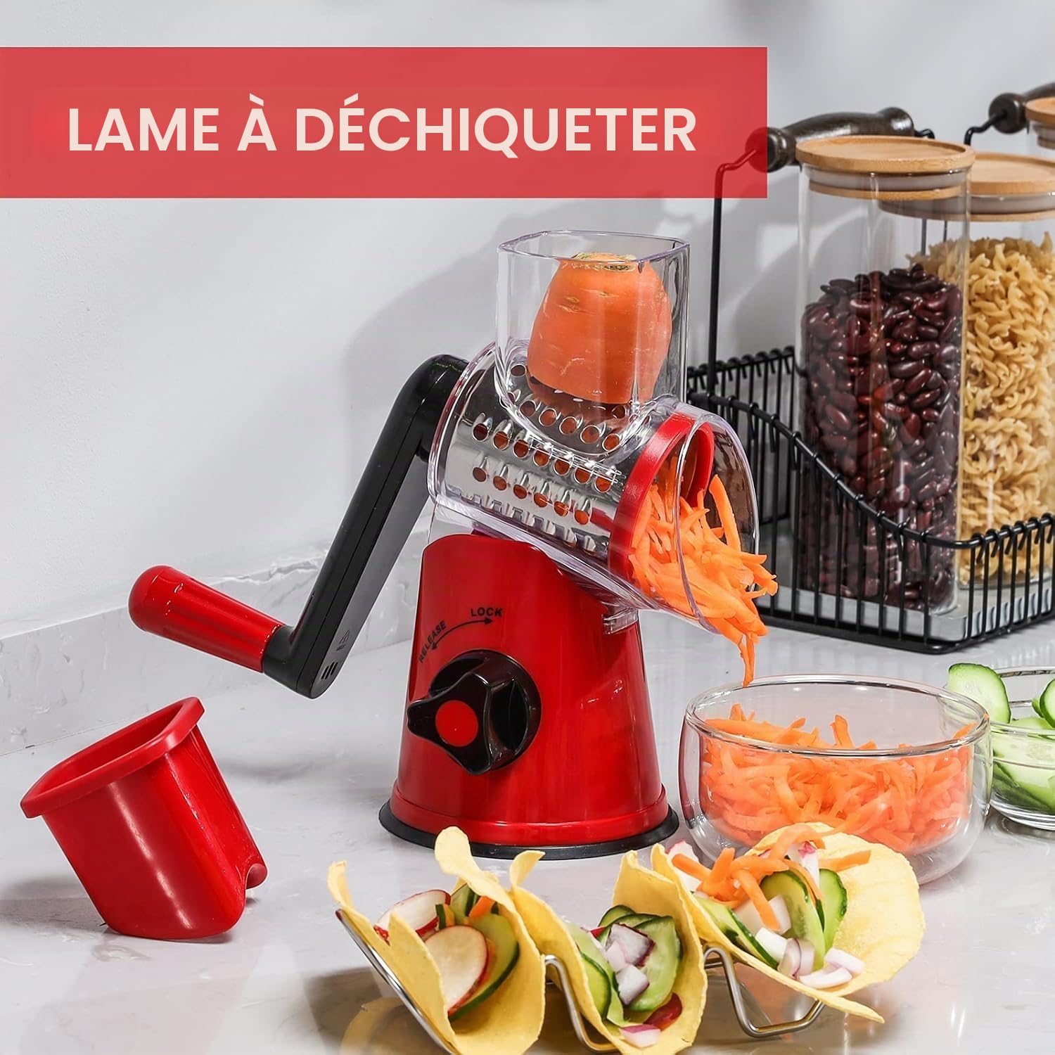 GDL Râpe à Fromage Rotative, Rapeuse Legume Fromage Manuelle, 3 Lames | Facile à Utiliser et Nettoyer, Acier inoxydable 430, Rapide et Facile, Lave-vaisselle, Adaptée aux Fromage, Légumes