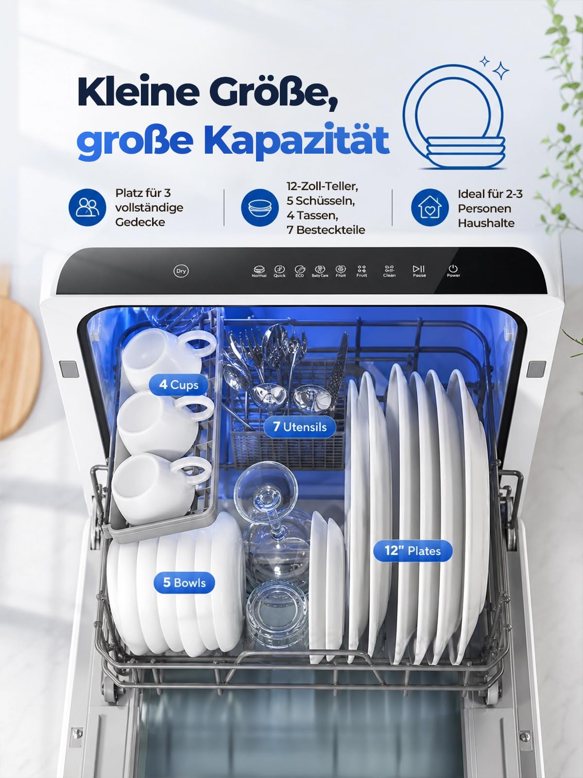 FOHERE Mini Geschirrspüler 5-Liter-Tank Timer-Funktion 2-in-1-Wasseranschluss 6 Programme LED-Display Tischgeschirrspüler 42,5×42,5×45,5