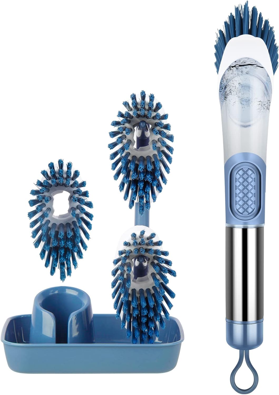 Soap Dispensing Dish Brush Set - FORSPEEDER Kitchen Brush with Stand 3 Brush Replacement Heads Stainless Steel Handle, Dish Wand Scrub Brush for Dishes Sink Pot Pan Cleaning Blue