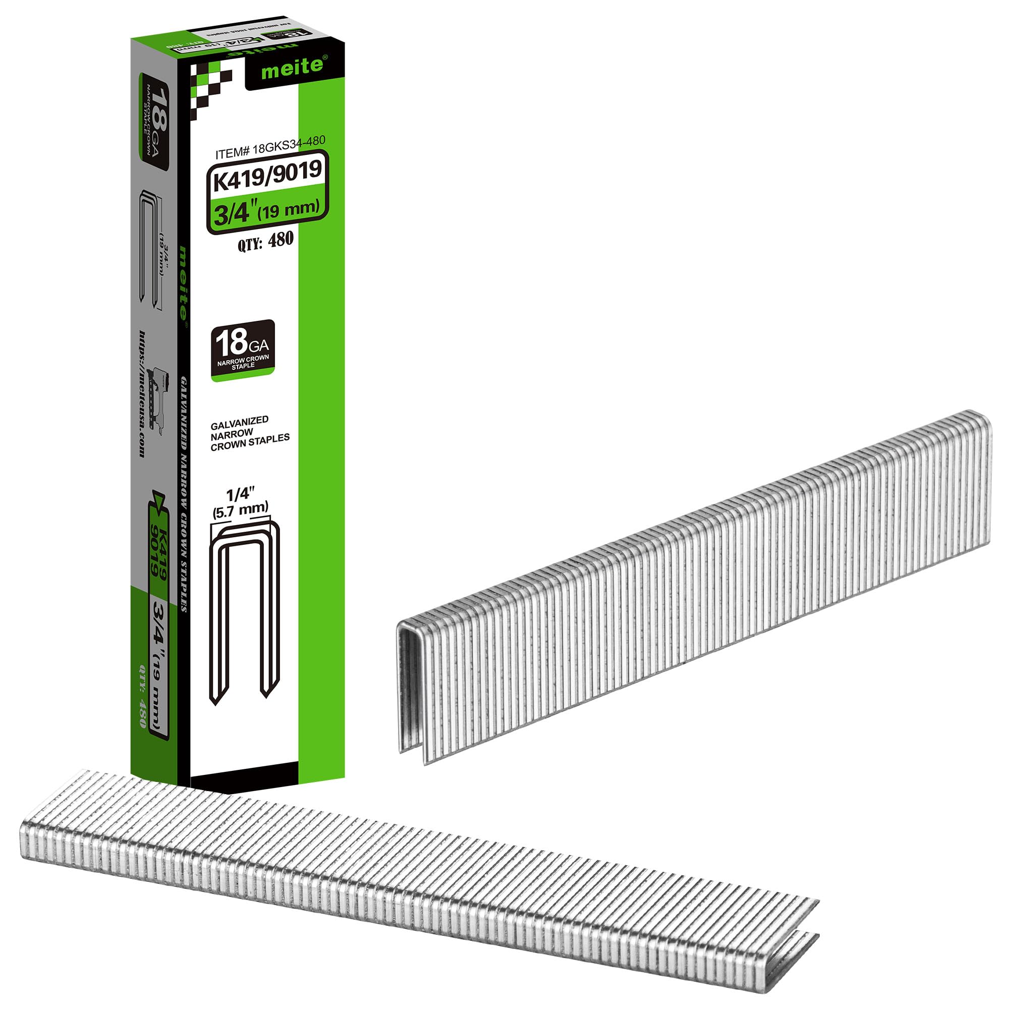 meite Type 90/19 mm 18 Gauge Galvanised Narrow Crown Staples 480 Pcs