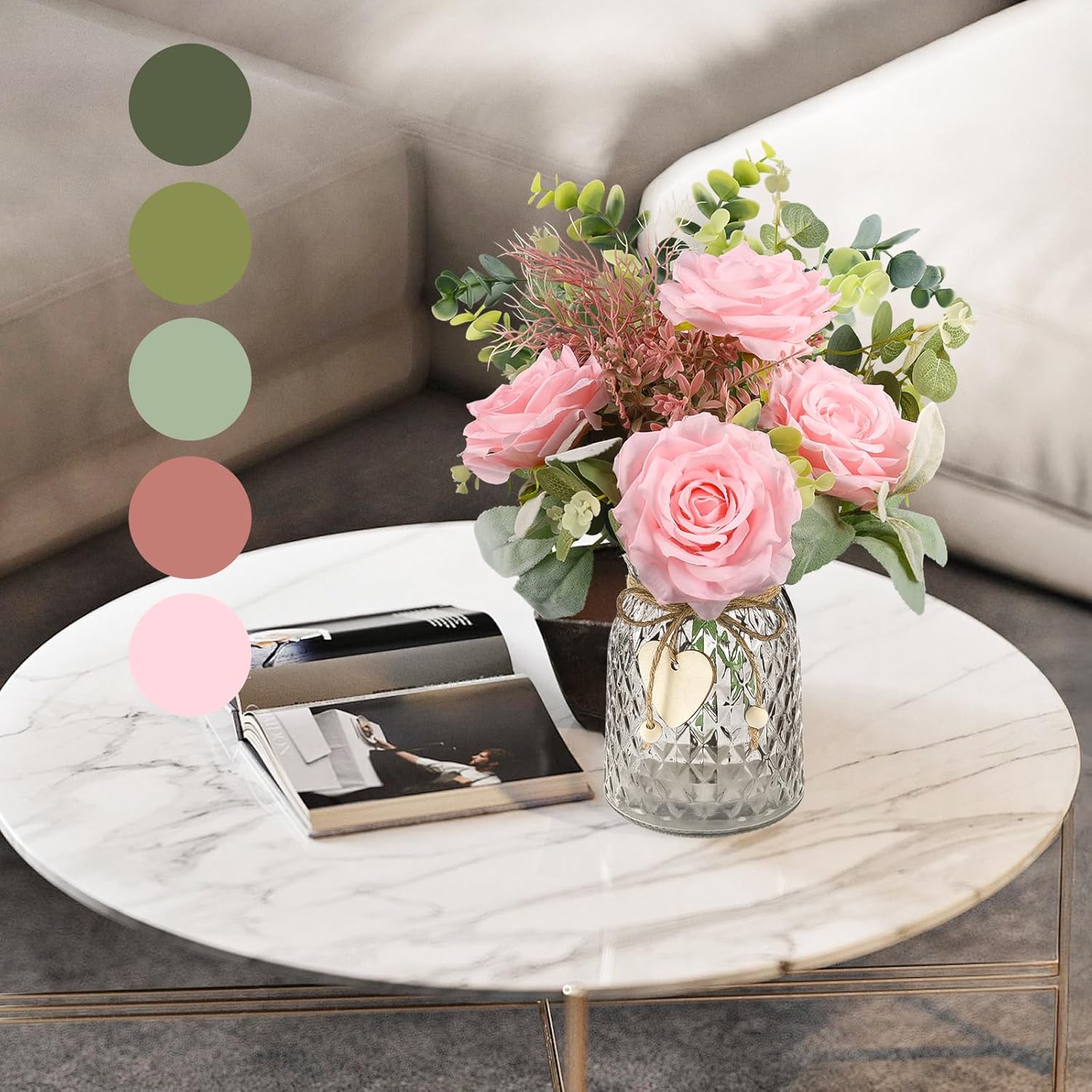 HOHOTIME Artificial Flowers in Vase, Faux Silk Pink Roses Table Centerpiece Decoration, Fake Flowers for Home Bedroom Study Room Decor with Glass Vase - Image 4