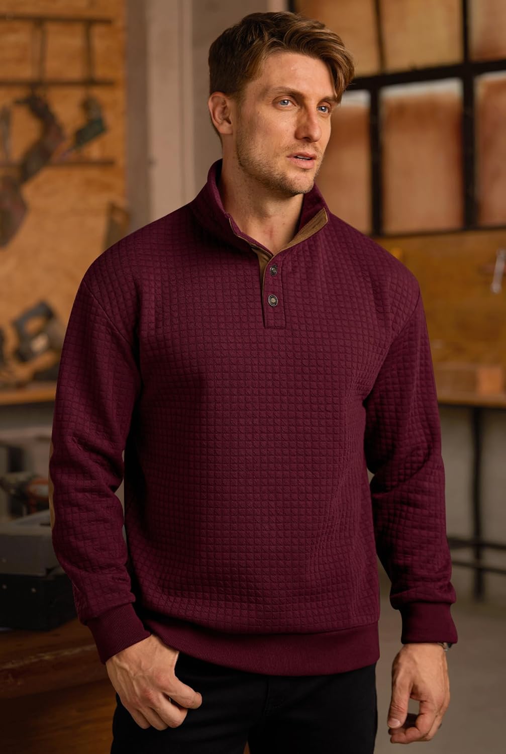 Men's Textured Sweatshirt Fleece Lined Thermal Elbow Patches Heavyweight Pullover Burgundy Medium - Image 3