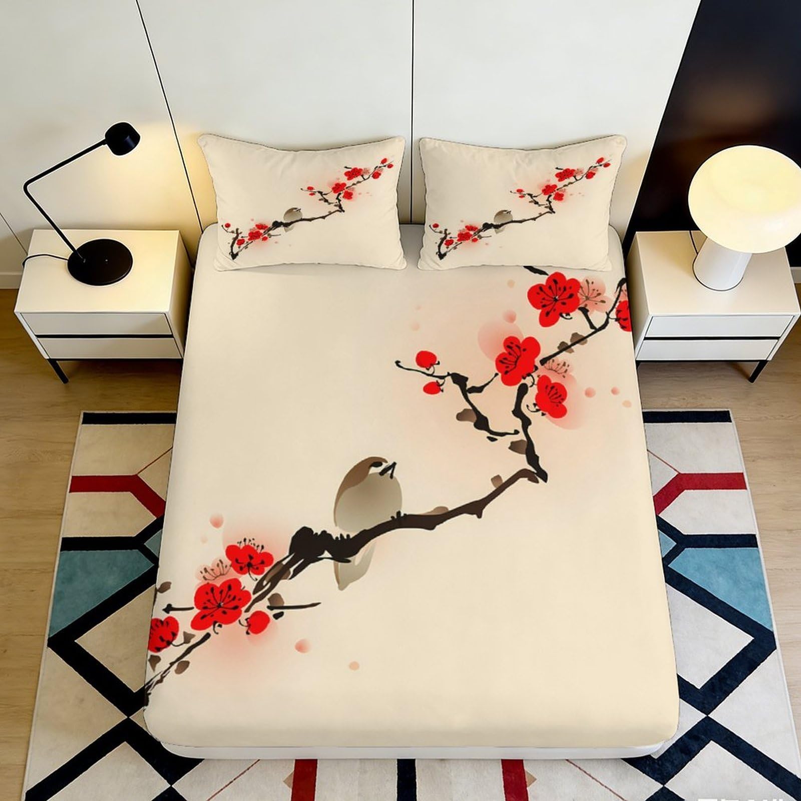 3D Printed Plum Blossom Bird Fitted Sheet Microfiber Deep Pocket Non-Slip Bedroom Bedding Plum Blossom Bird Mattress Fitted Cover Washable 200x200x25cm 90x200x25cm