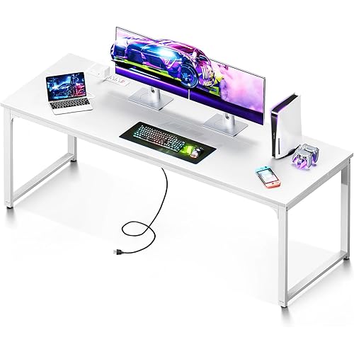 Coleshome 71 Inch Computer Desk with USB Ports, Large Office Desk, Long Study Student Writing Desk, White