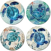 Hand Drawn Colorful Sea Turtle Round Coaster Set of Drink- Set of 4