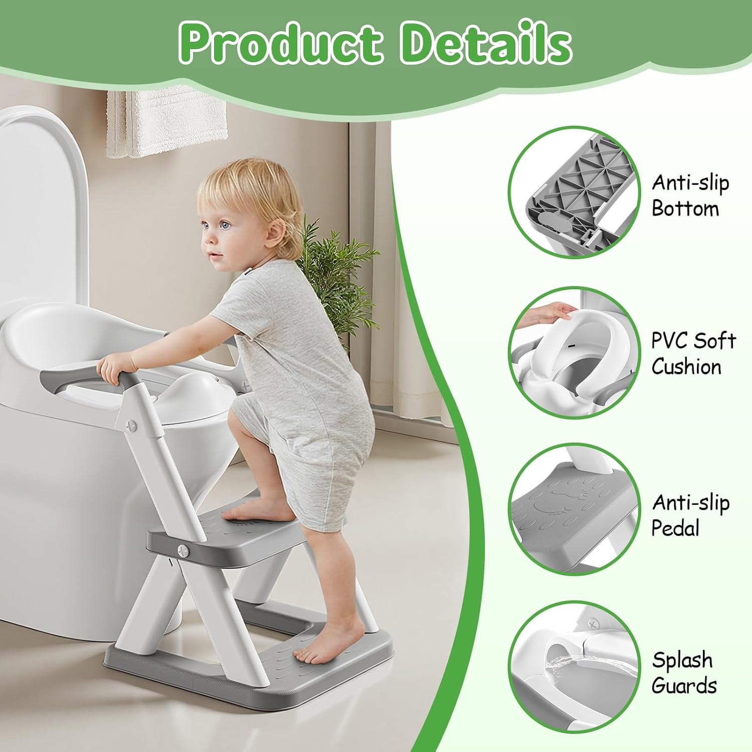 Potty Training Toilet Seat with Steps, 2-in-1 Toddler Toilet Seat for Boys Girls with Splash Guard Soft Anti-Slip Pad,Grey