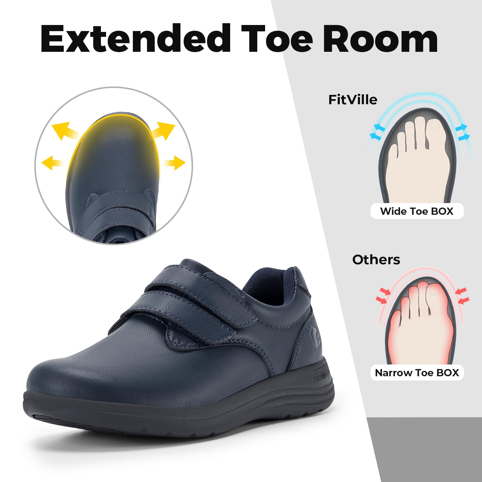 FitVille Scarpe Diabetici Donna Pelle Pianta Larga Scarpe Ortopediche Strappo Scarpe Comode da Passeggio pour Piedi Sensibili Piedi Gonfi