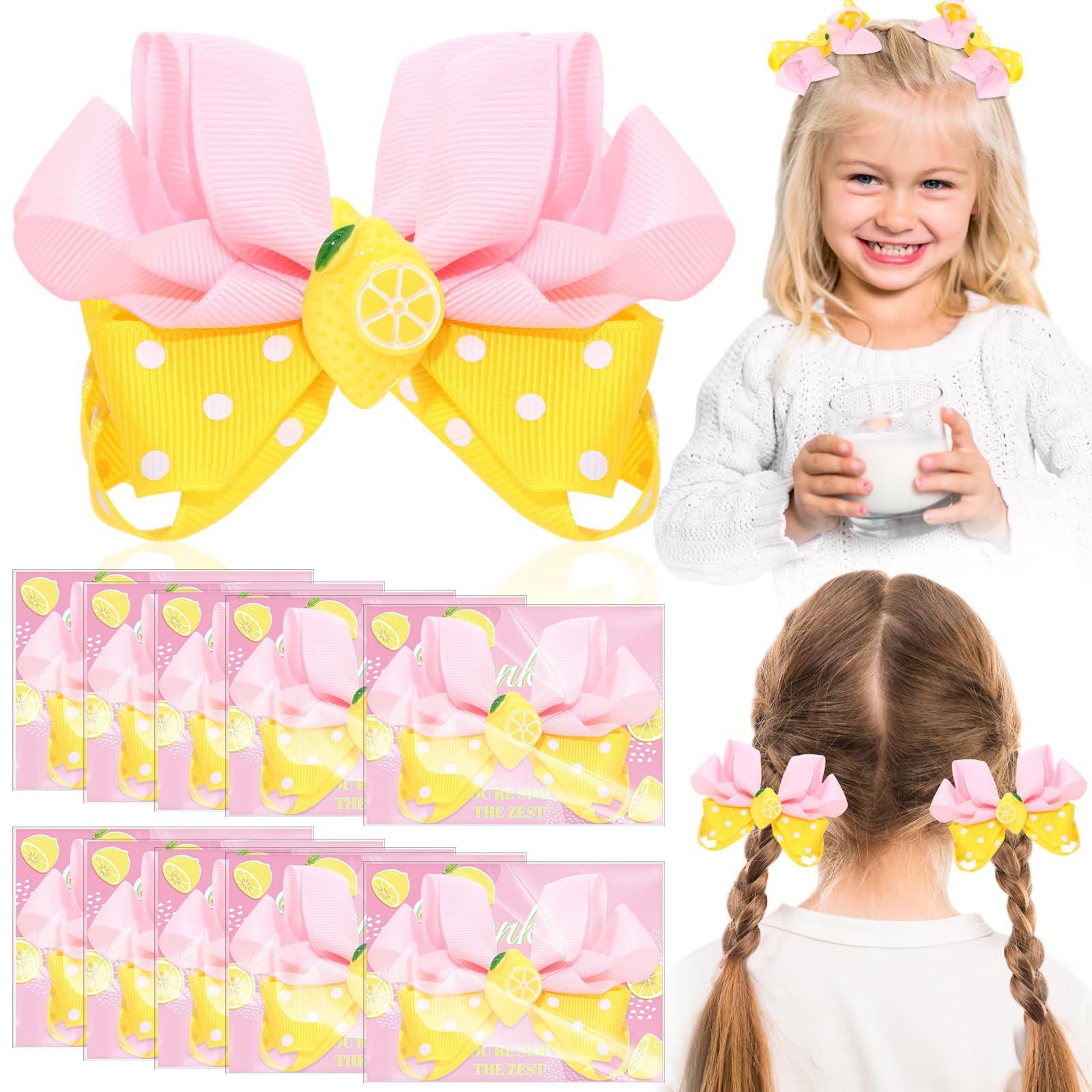 Yuxung 10 Sets Lemon Party Favors Hair Bows Clips with Thank You Cards Bags for Girls Birthday Party Classroom Rewards Goodie Bag Fillers Cute Yellow