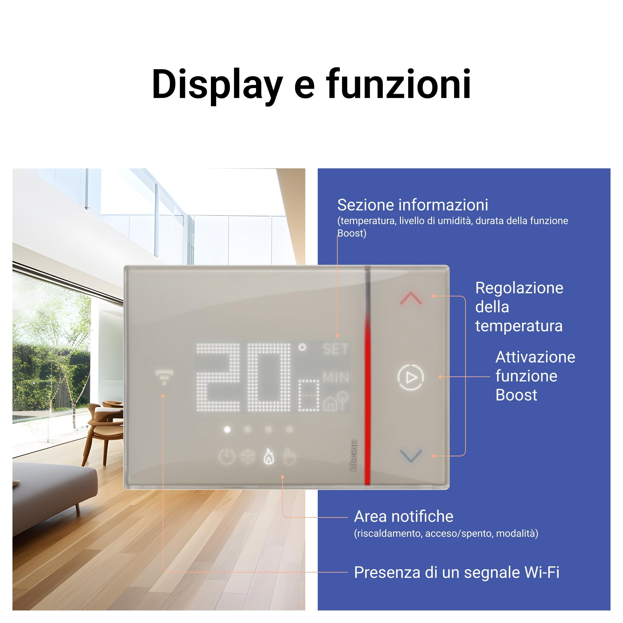 BTICINO SXM8002 Termostato WiFi Smarther2 with Netatmo, Termostato Caldaia da Incasso, Controllo anche da Remoto con App, Alexa, Google Assistant, Apple HomeKit, Programmabile, Risparmio Energetico