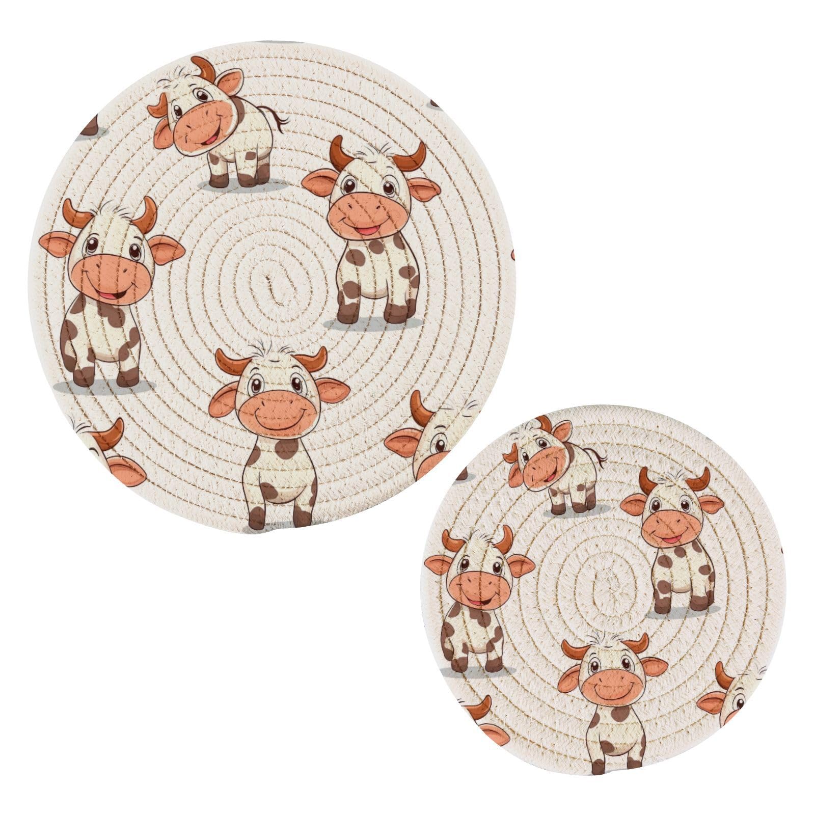 JUMBEAR 2PCS Cute Cartoon Cow Trivets for Hot Pots and Pans and Pot Holders– Cotton Rope Round Mats, Hot Pads for Kitchens, Coasters, Placemats, Spoon Rest for Cooking and Baking