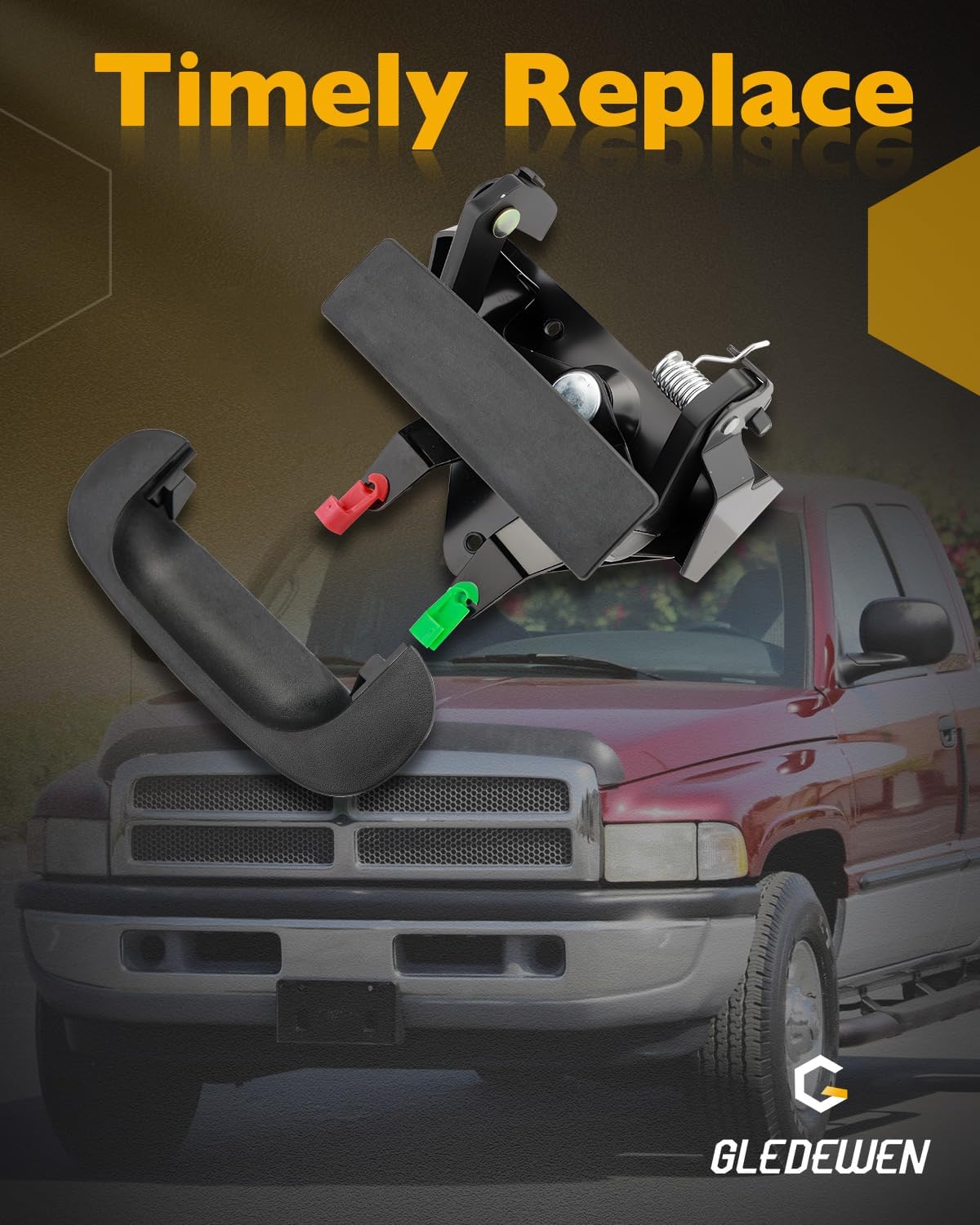 Tailgate Handle Set, Compatible with 1994-2002 Dodge Ram 1500 2500 3500 Pickup, Set of 2 Rear Bed Tail Gate Latch Handle & Bezel Trim with Rod Clips Assembly, Replace# CH1916101, CH1915102, 55074751