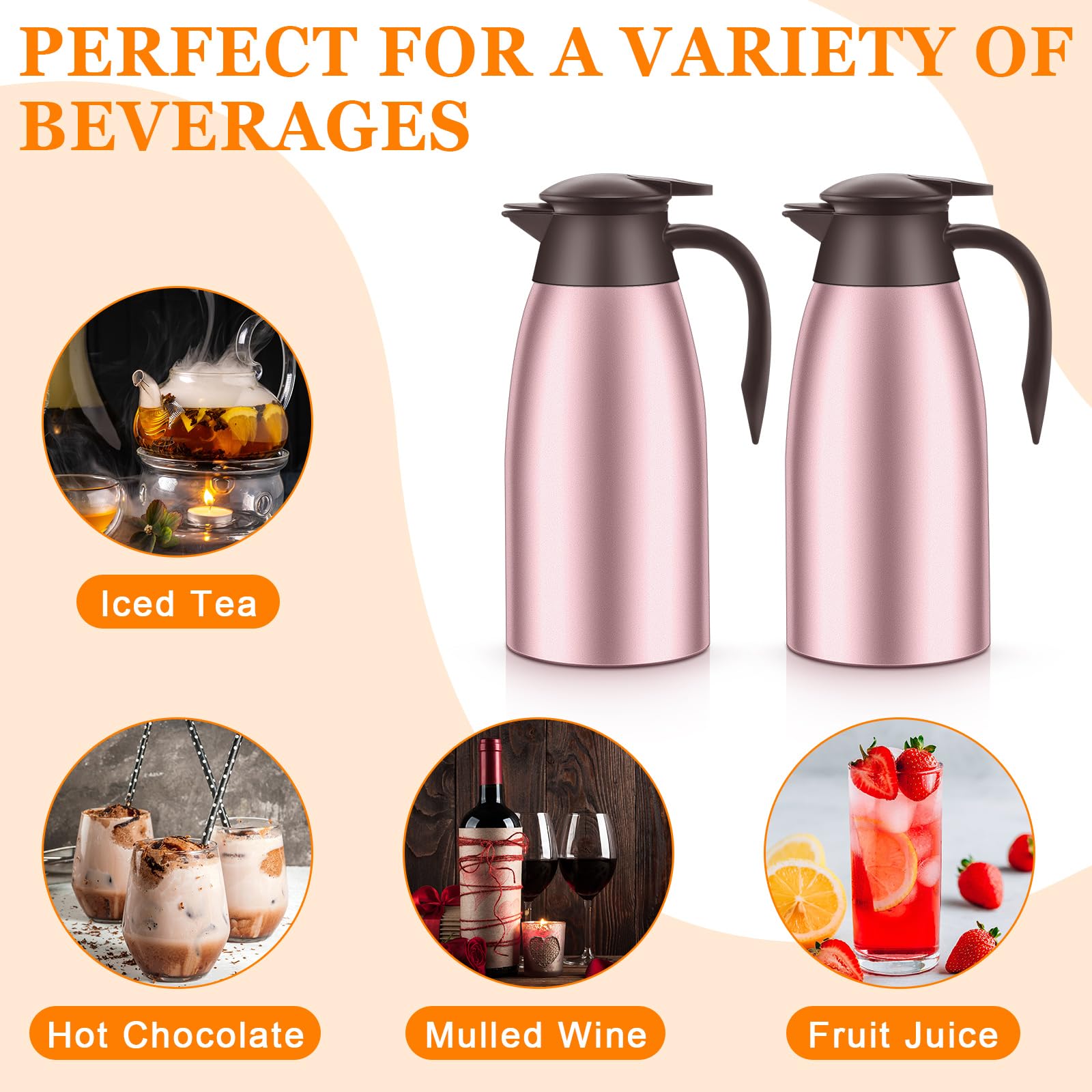 Norme 2 jarras térmicas de 68 onzas de acero inoxidable aisladas al vacío para café con cepillos, termo para café, agua caliente, té, bebidas calientes, mantiene 12 horas caliente (rojo rosa)