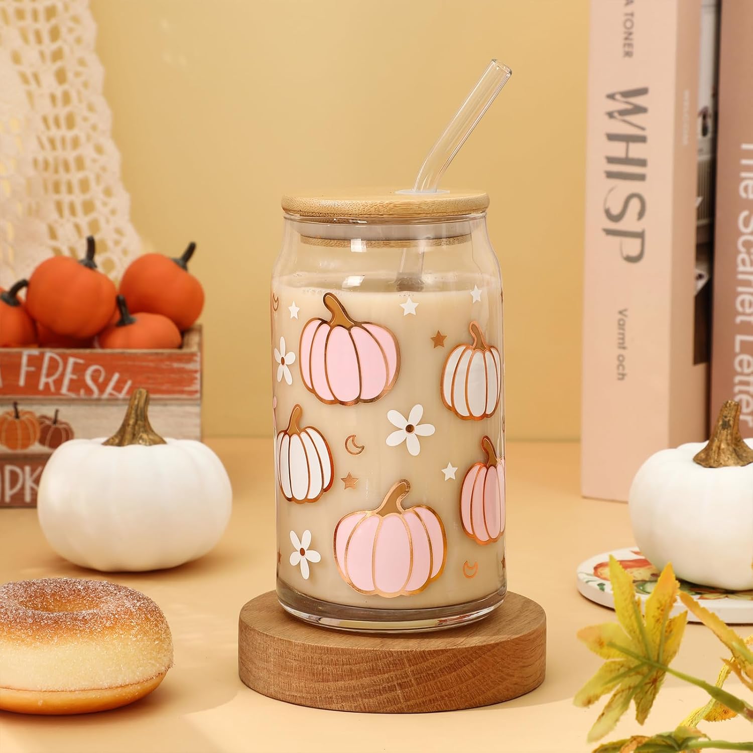 Whaline 6 Pack Fall Drinking Glasses Pink White Pumpkin Iced Coffee Cup Pumpkin Flower Star Glass Cup for Autumn Thanksgiving Cocktail Whiskey Beer Soda Gifts, 16oz